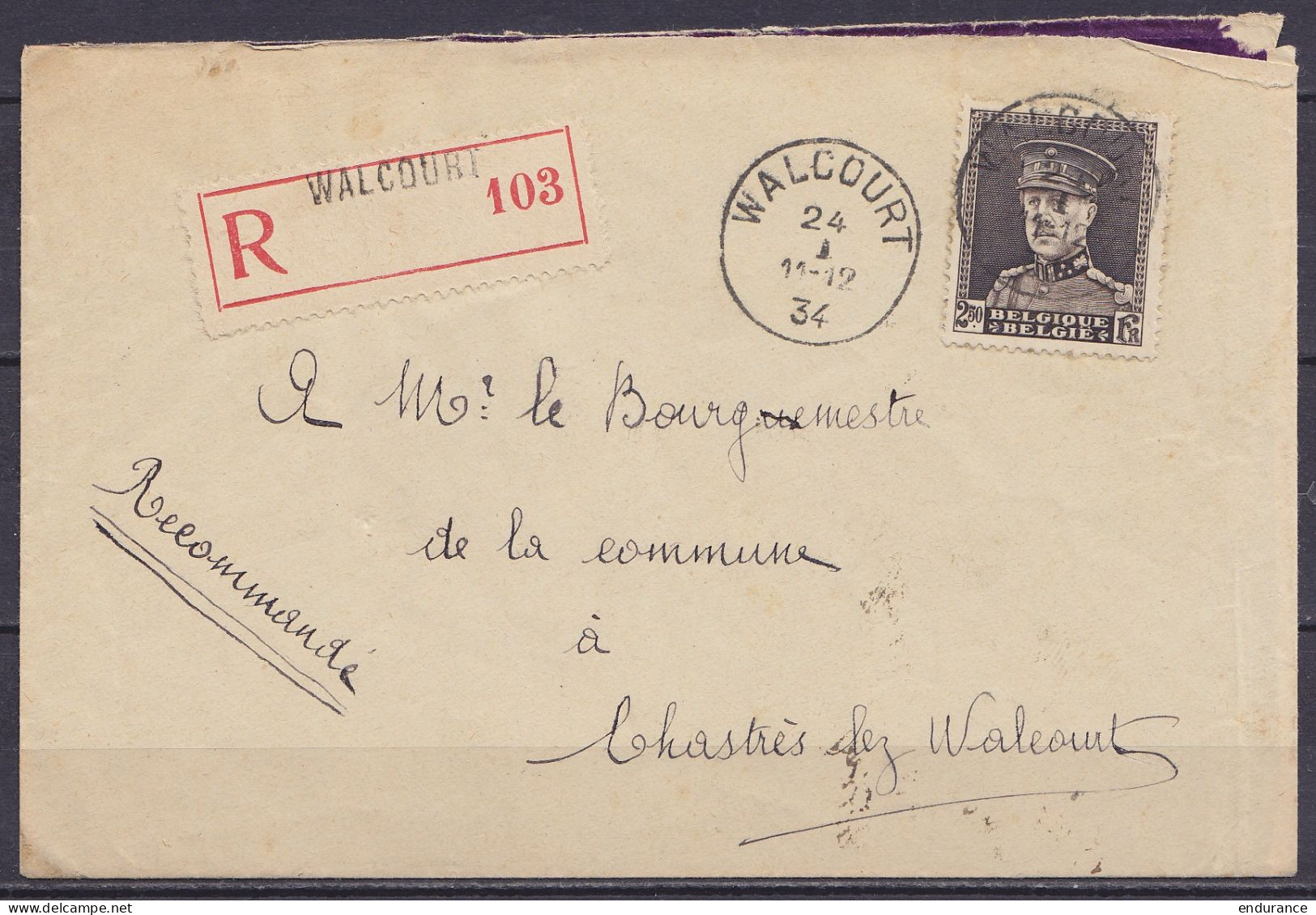 Env. Recommandée Affr. N°322A Càd WALCOURT /24 I 1934 Pour CHASTRES-lez-WALCOURT - 1931-1934 Kepi