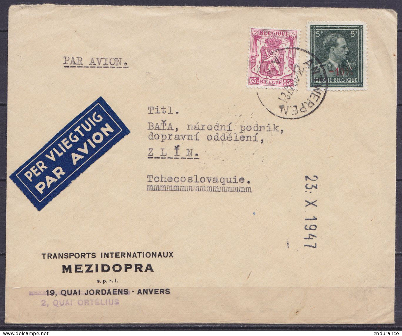 Env. "Transports Mezidopra Anvers" Par Avion Affr. N°711+724T Càd ANTWERPEN /21-10-1947 Pour ZLIN Tchécoslovaquie (au Do - 1946 -10%