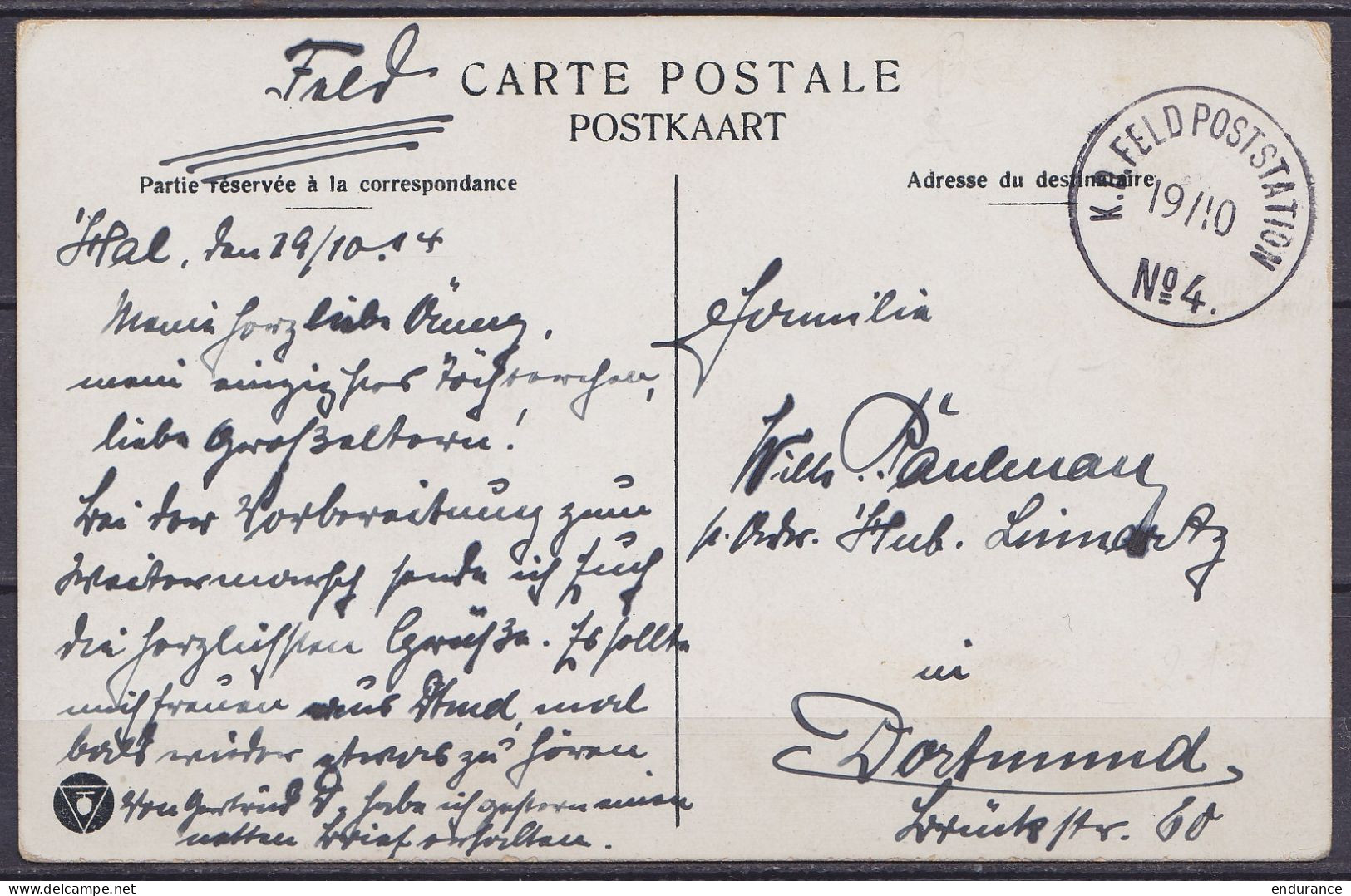 CP Palais De Justice De Bruxelles En Franchise (Feldpost) Datée 19 Octobre 1914 De HAL Càd "K.D.FELDPOSTSTATION N°4 /19/ - Deutsche Armee