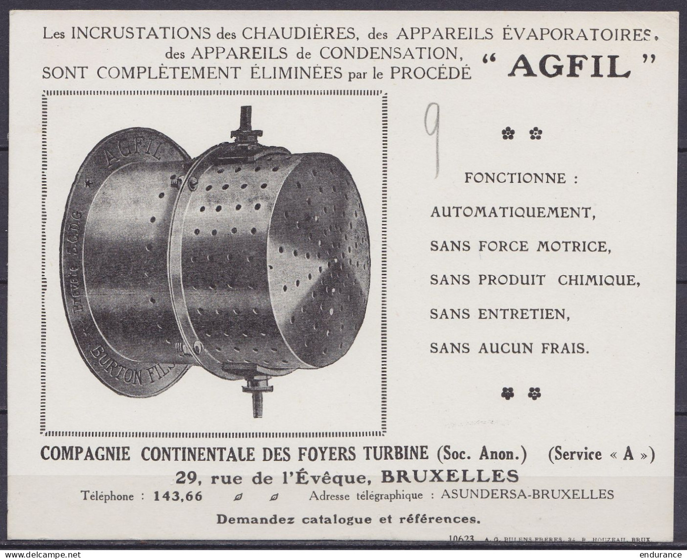 Carte Pub "Foyers, Turbines AGFIL" Affr. PREO 3c Brun-rouge (N°192) [BRUXELLES /1924/ BRUSSEL] Pour MANAGE - Typos 1922-26 (Albert I.)