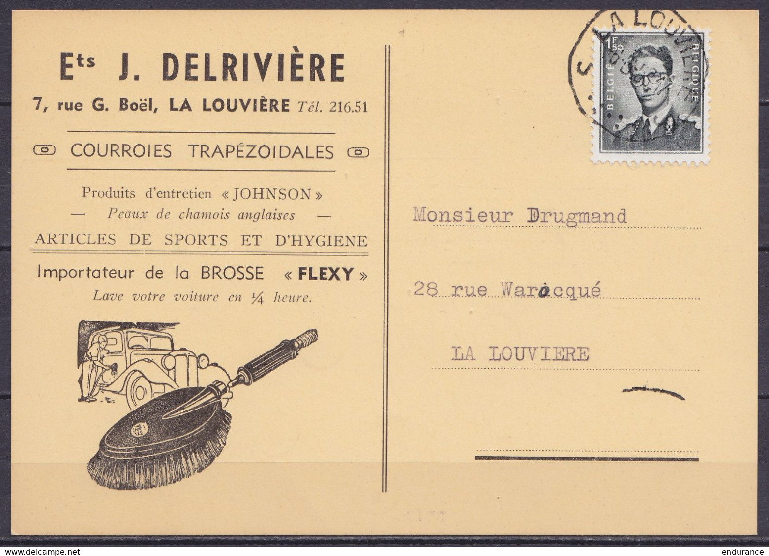 Carte "Courroies, Articles De Sport, … Delrivière" Affr. N°924 Càd LA LOUVIERE /-6-6-1958 Pour E/V - 1953-1972 Anteojos