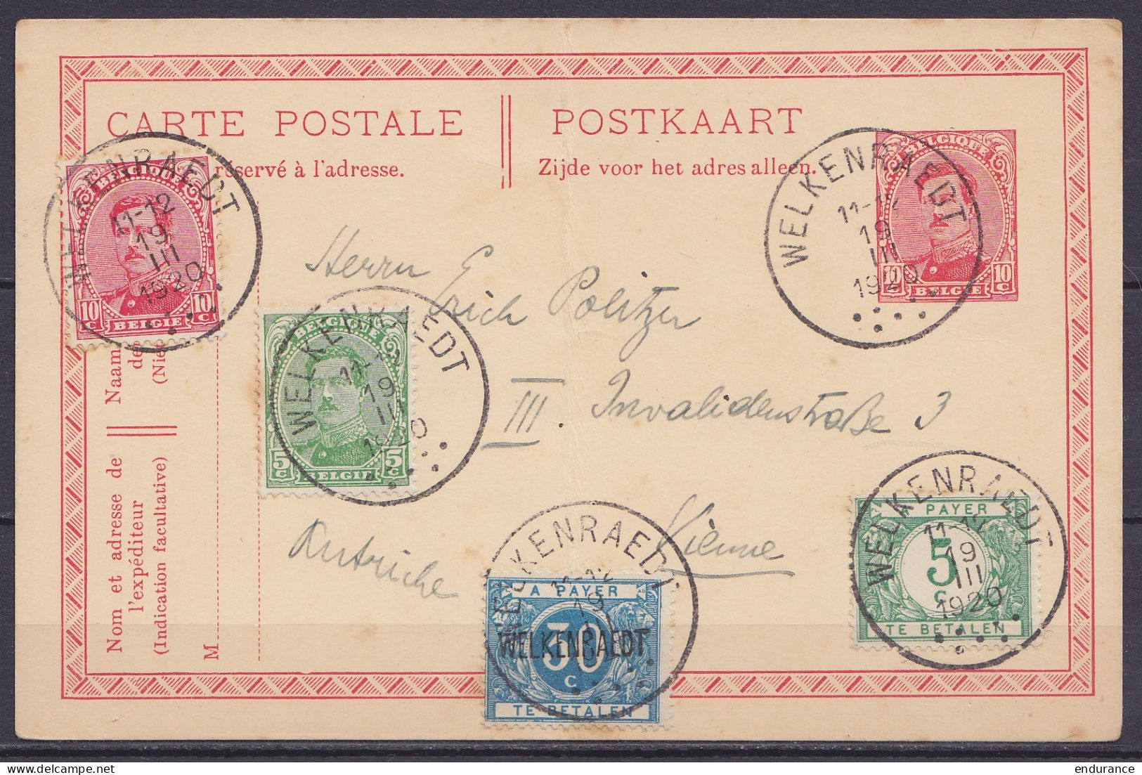 EP CP 10c Rouge (type N°138) + N°137+138 + TX12 + TX15A (surch. WELKENRAEDT) Càd WELKENRAEDT /19 III 1920 Adressée à Vie - Postcards 1909-1934