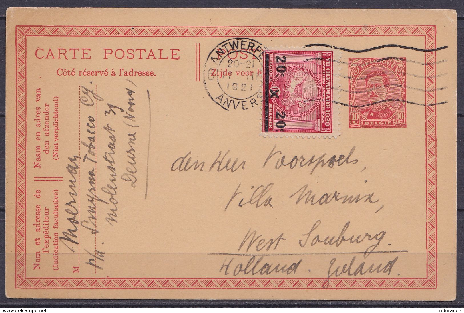 EP CP 10c Rouge (type N°138) + N°185 (VIIe Olympiades - Usage Interdit Pour L'étranger) Flam. ANTWERPEN /15.III 1921 Pou - Briefkaarten 1909-1934