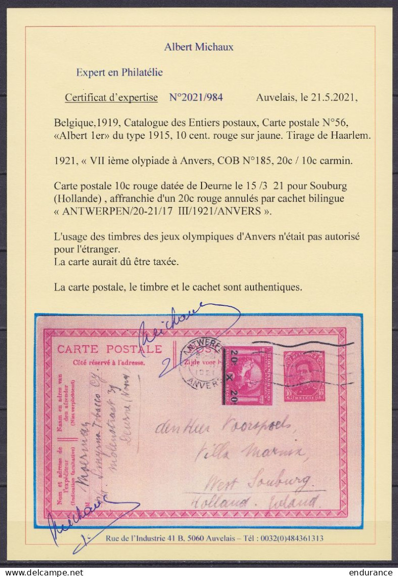 EP CP 10c Rouge (type N°138) + N°185 (VIIe Olympiades - Usage Interdit Pour L'étranger) Flam. ANTWERPEN /15.III 1921 Pou - Tarjetas 1909-1934