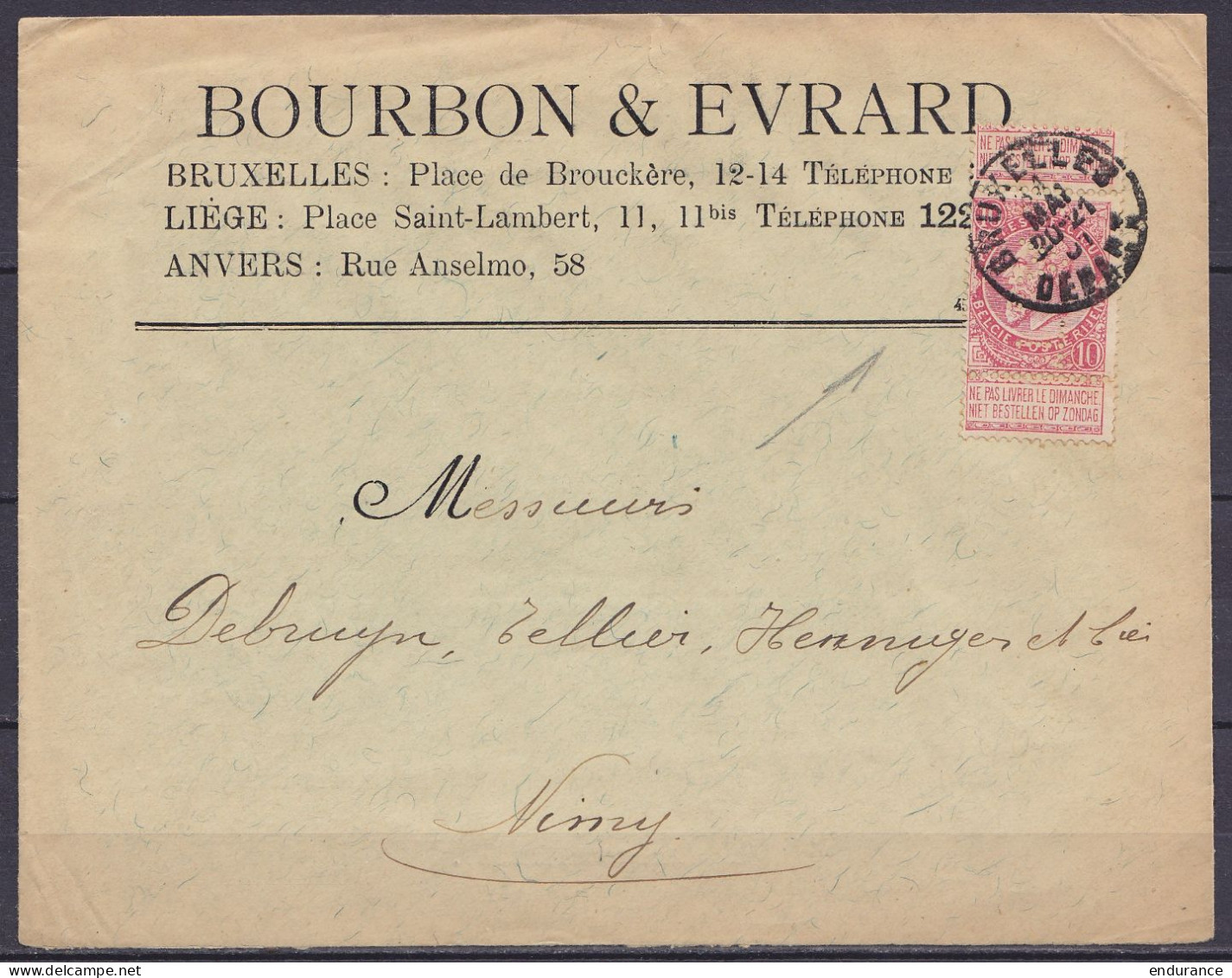 Env. "Bourbon & Evrard" Affr. N°58 Perforé "AT" Càd "BRUXELLES /31 MAI 1901/ DEPART" Pour NIMY (voir Imprimés "La Victor - 1893-1900 Fine Barbe