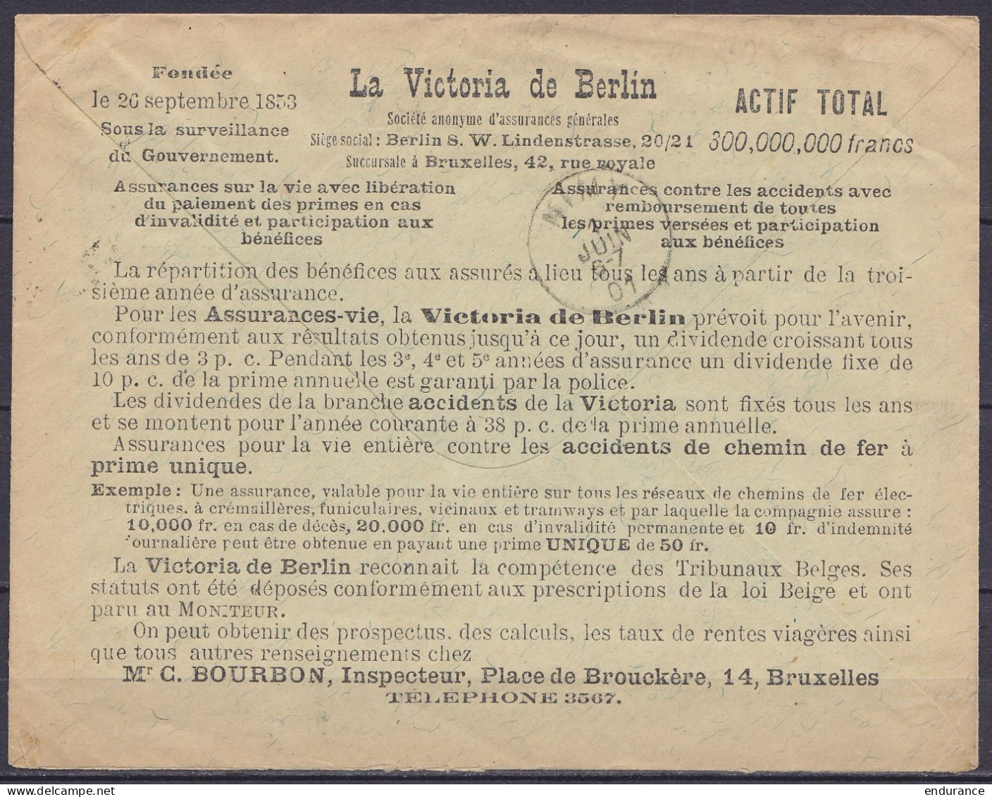 Env. "Bourbon & Evrard" Affr. N°58 Perforé "AT" Càd "BRUXELLES /31 MAI 1901/ DEPART" Pour NIMY (voir Imprimés "La Victor - 1893-1900 Barba Corta