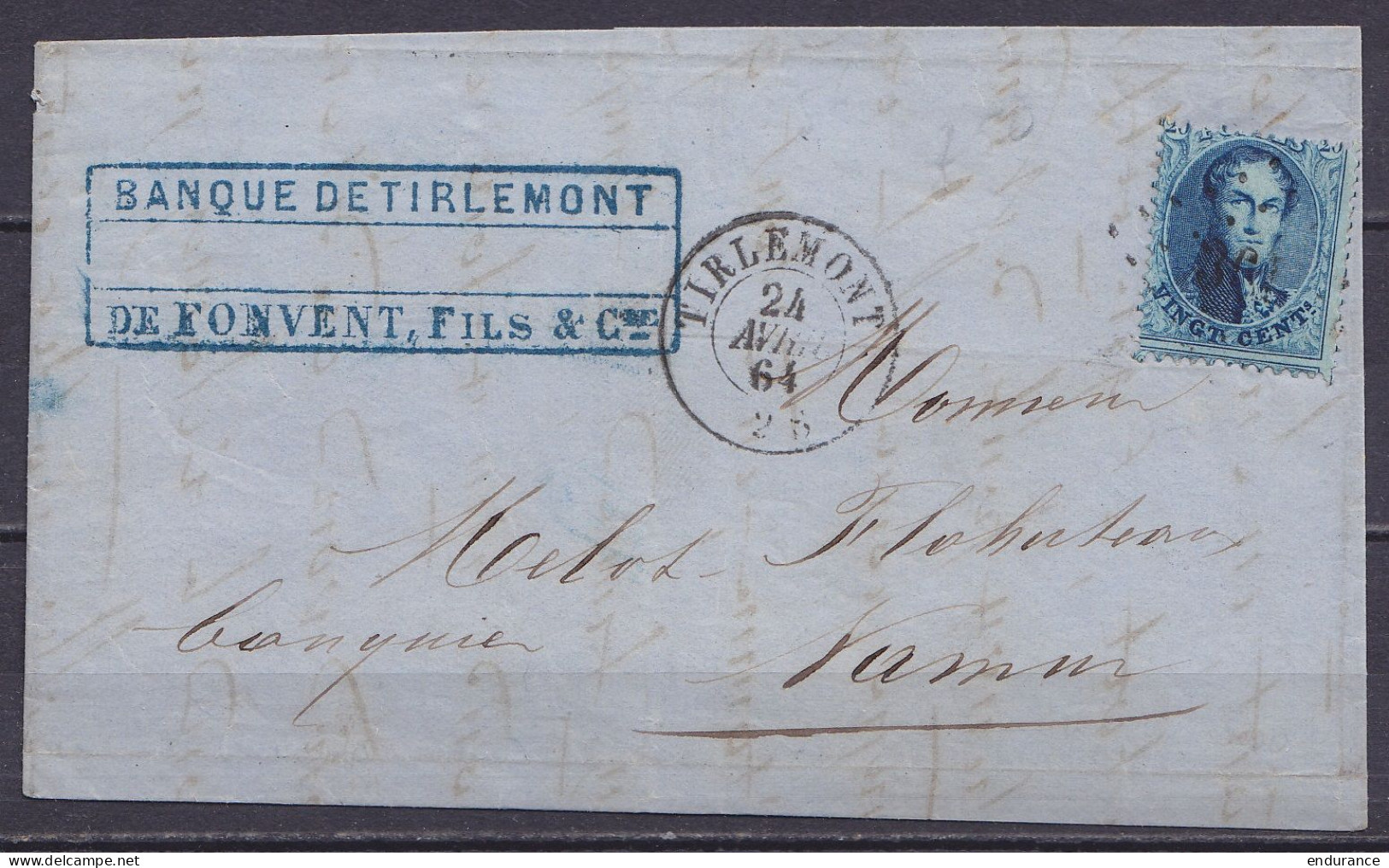 L. Affr. N°15 Lpts "361" Càd TIRLEMONT /24 AVRIL 1864 Pour NAMUR (au Dos: Càd Arrivée NAMUR) - 1863-1864 Medallones (13/16)
