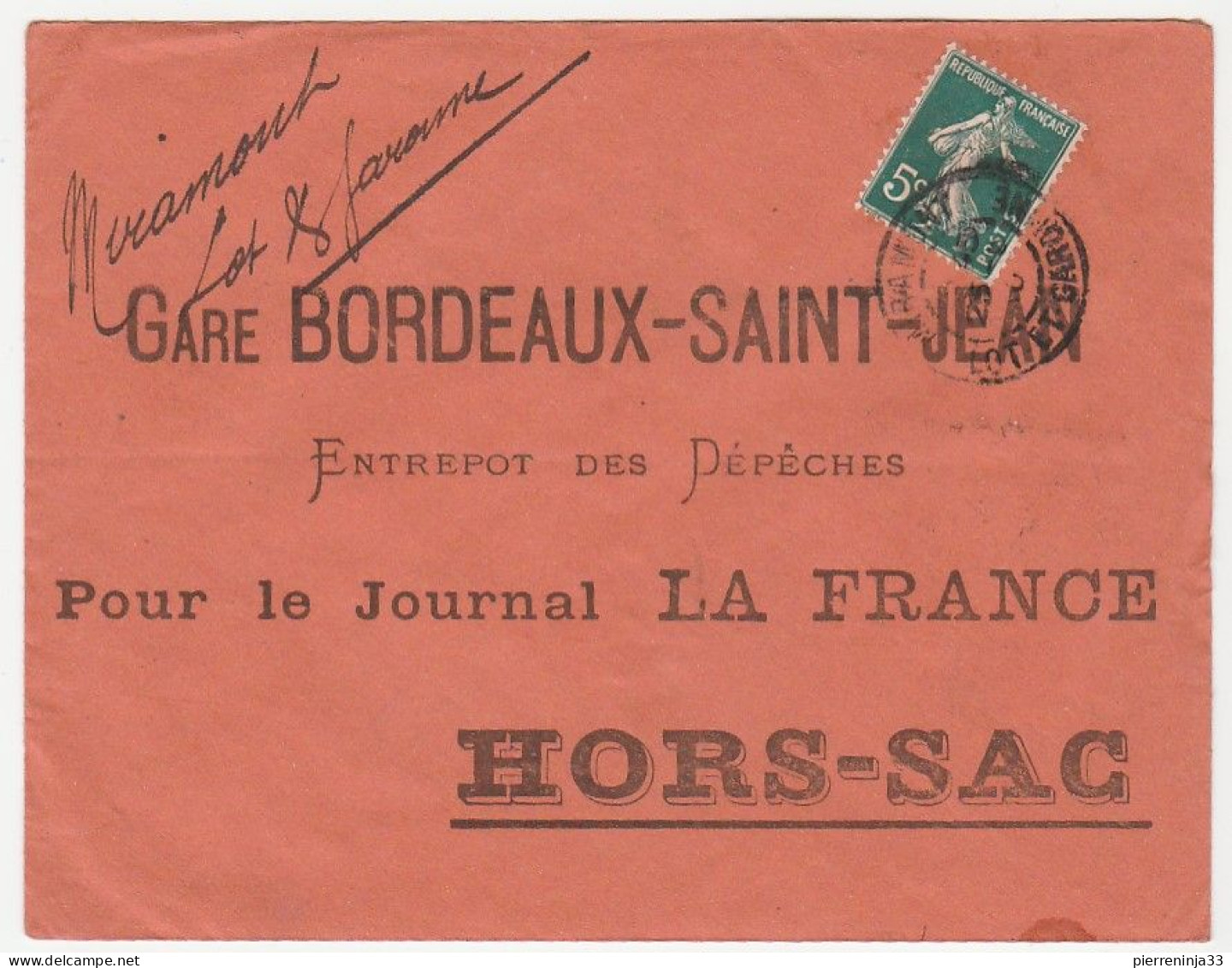 Lettre Hors Sac Avec Oblitération Miramont/Lot Et Garonne Sur Semeuse, Journal La France, Gare Bordeaux St Jean 1910 - Briefe U. Dokumente
