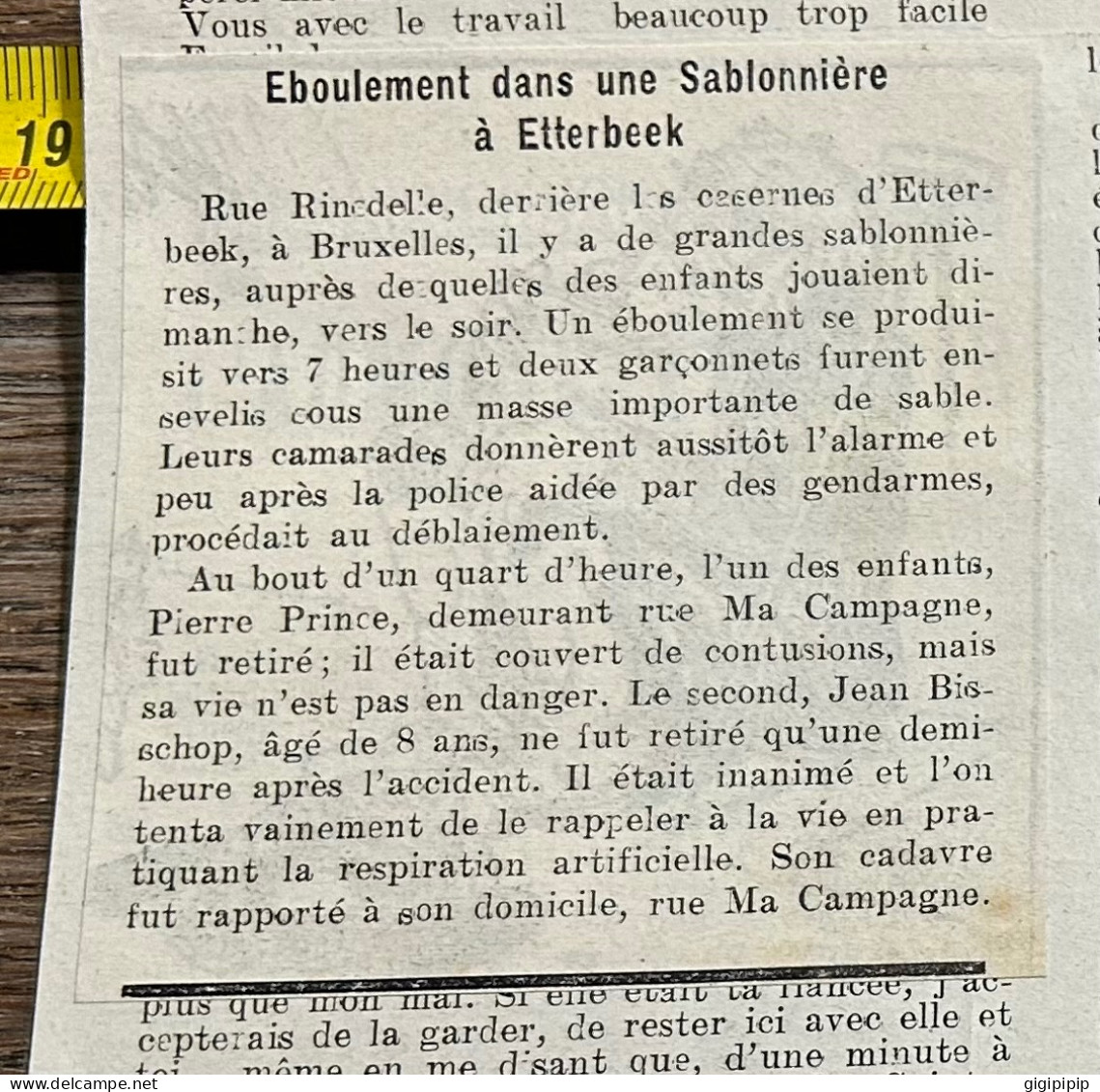 1908 PATI ÉBOULEMENT AUX SABLONNIÈRES D'ETTERBEEK. -- DEUX ENFANTS ENSEVELIS Pierre Prince Jean Bisschop, - Collections
