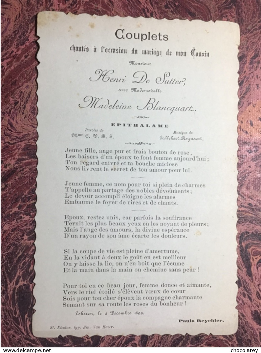 Lokeren 1899 Couplet Mariage De Sutter Blancquart - Noten & Partituren