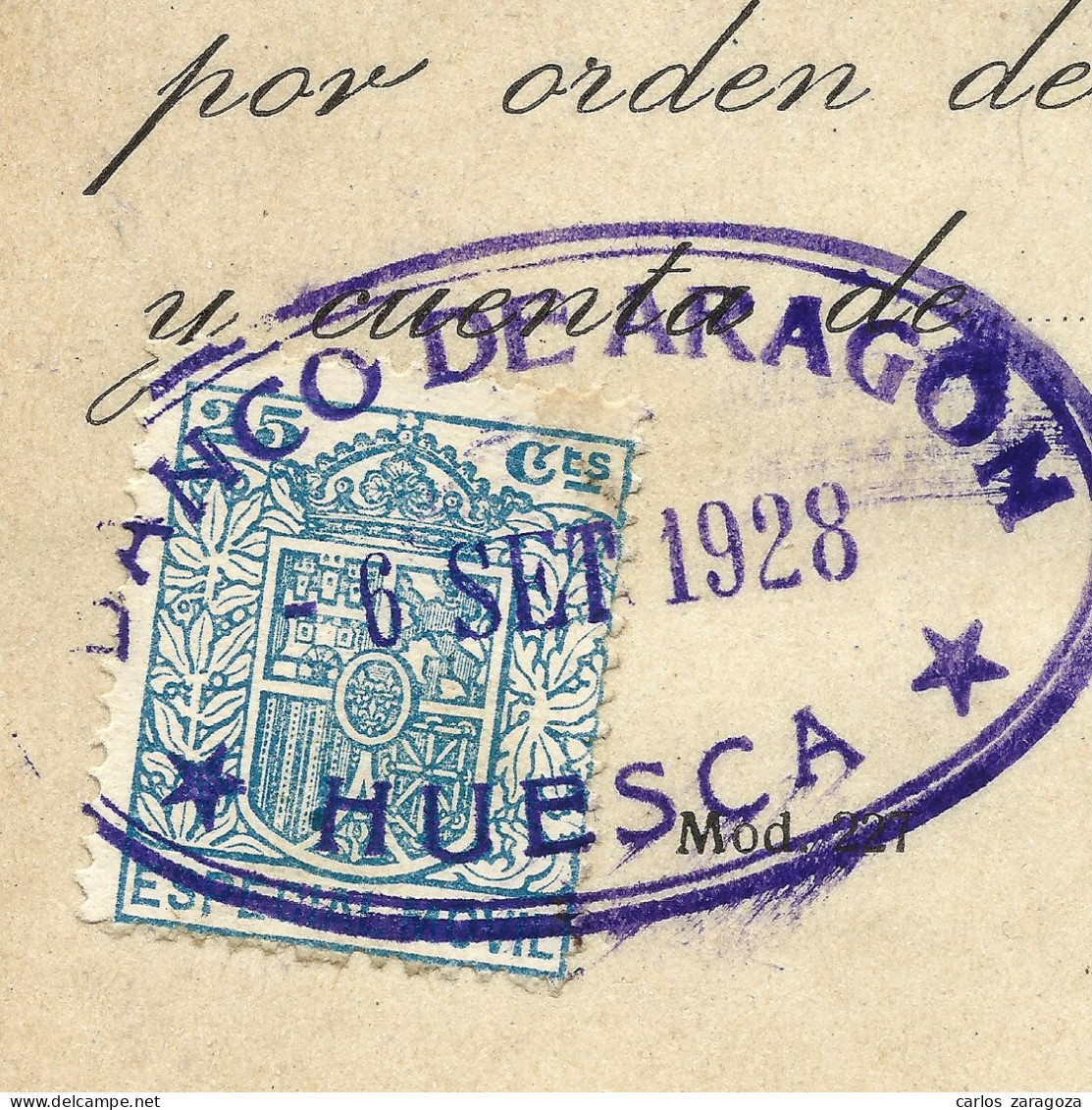 1922 BANCO DE ARAGÓN — Antiguo Documento Bancario — Timbre Fiscal ESPECIAL MOVIL 25c - Fiscali