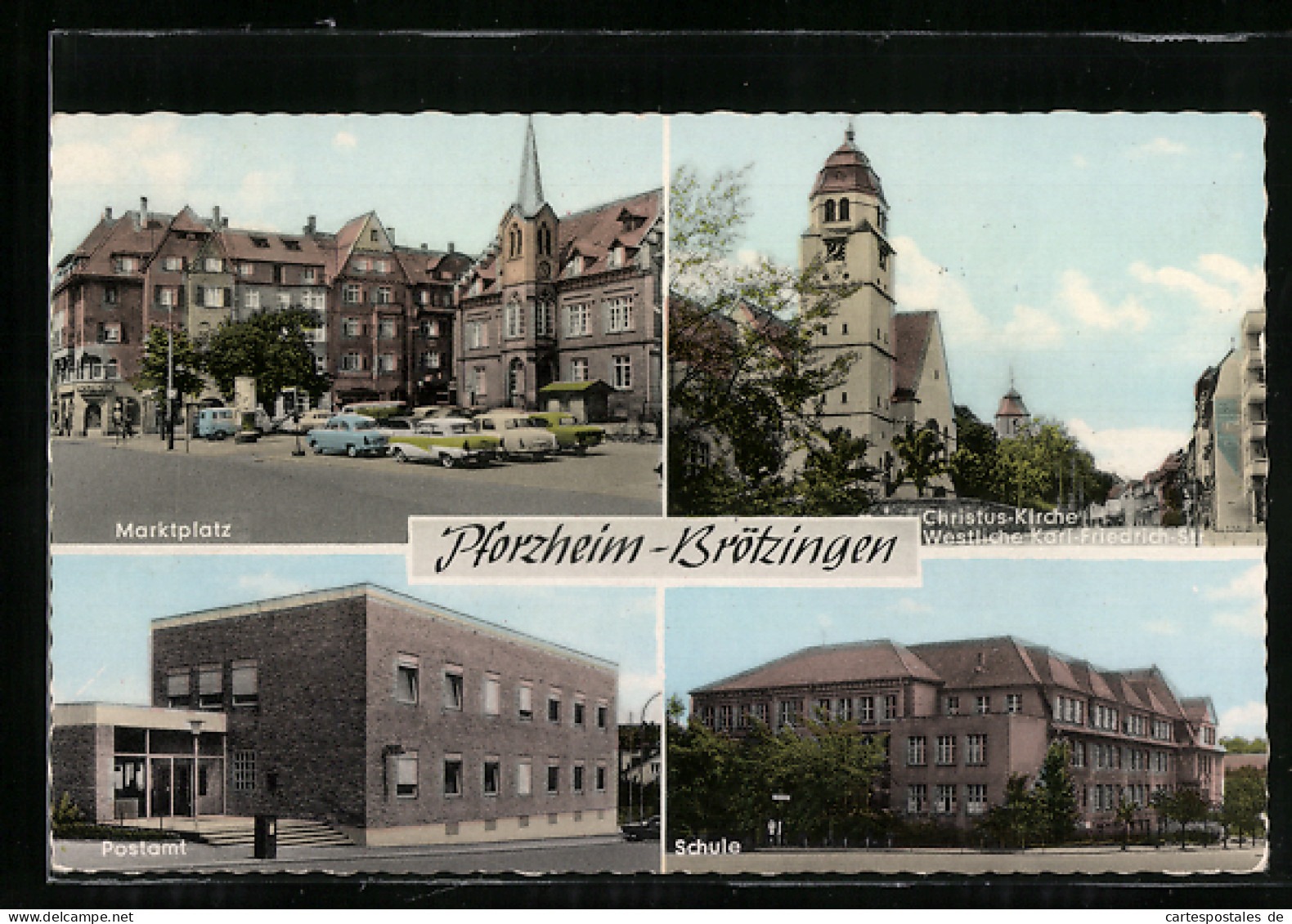 AK Pforzheim-Brötzingen, Marktplatz, Post, Schule  - Pforzheim