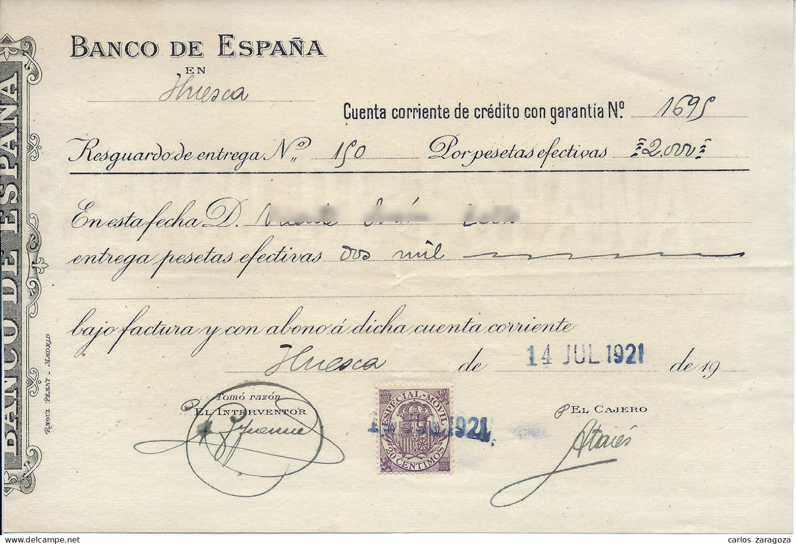 1921 BANCO DE ESPAÑA — Antiguo Documento Bancario — Timbre Fiscal ESPECIAL MOVIL 25c - Fiscale Zegels