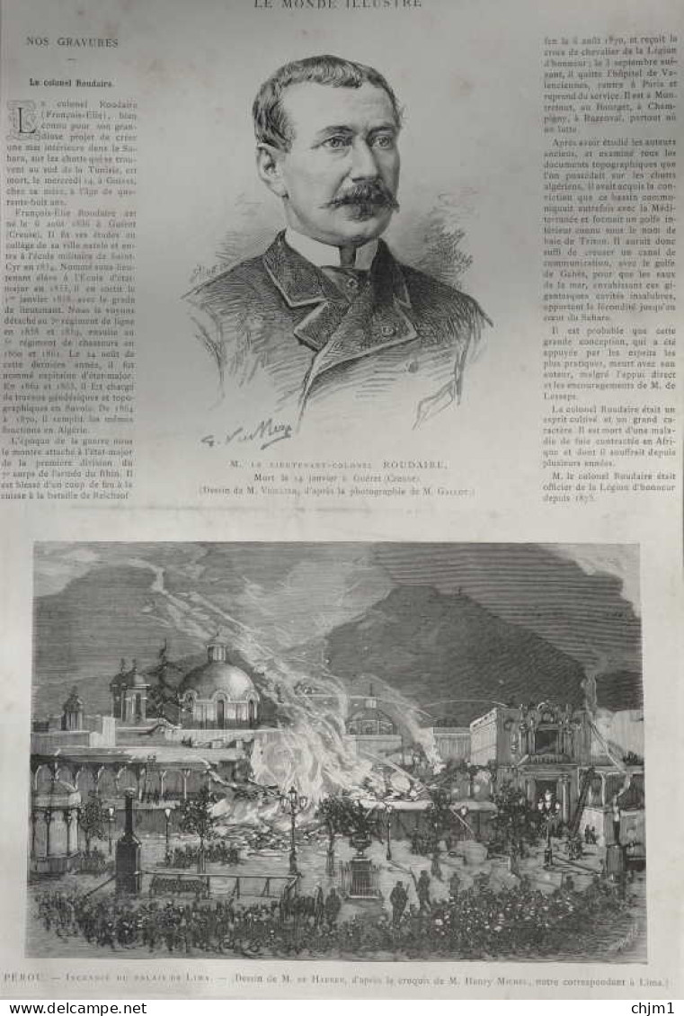 Pérou - Peru - Incendie Du Palais De Lima  - Le Colonel Roudaire - Page Originale - 1885 - Historische Dokumente