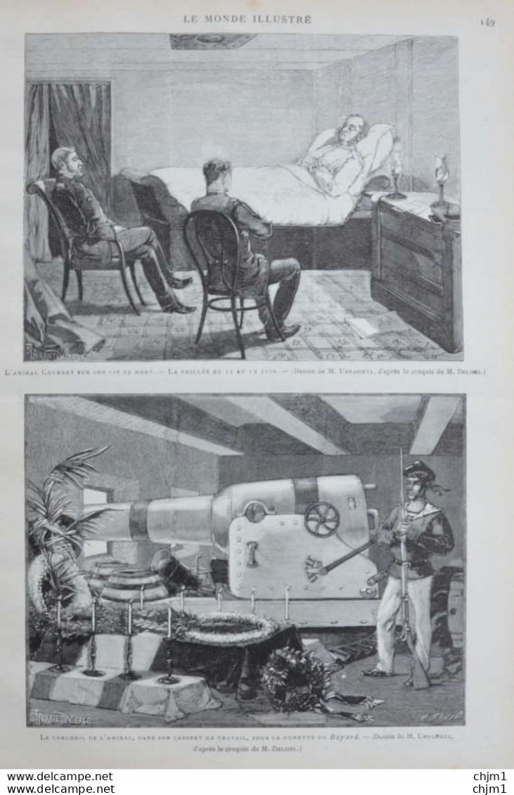L'amiral Courbet Sur Son Lit E Mort - Le Cercueil De L'amiral - Page Originale 1885 - Historische Dokumente