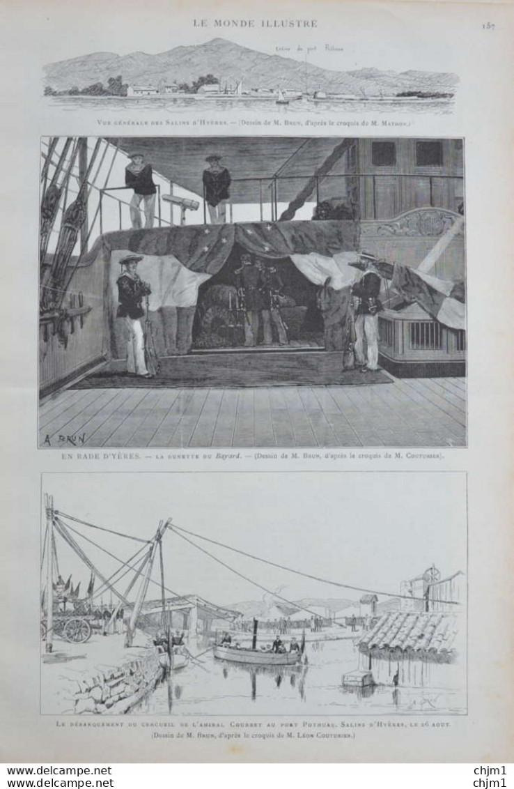 Le Débarquement De Cercueil De L'amiral Courbet Au Port Pothuau, Salins D'Hyères - Page Originale 1885 - Historische Dokumente