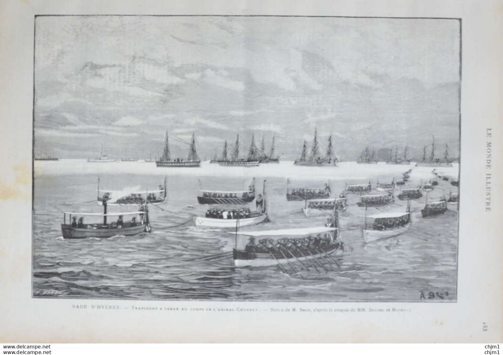 Rade D'Hyères, Transport à Terre Du Corps De L'amiral Courbet - Page Originale 1885 - Historische Dokumente