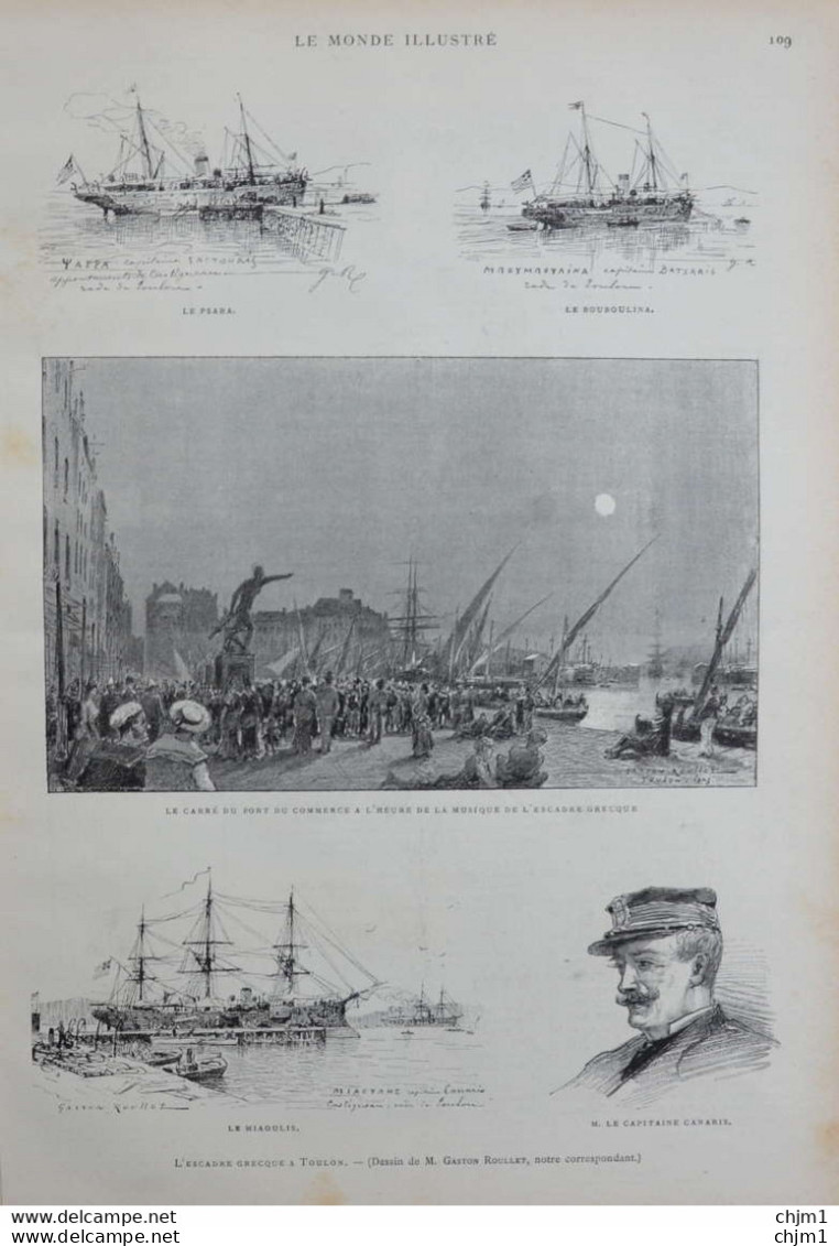 L'escadre Grècque à Toulon - Le Capitaine Canaris - Page Originale 1885 - Historische Dokumente