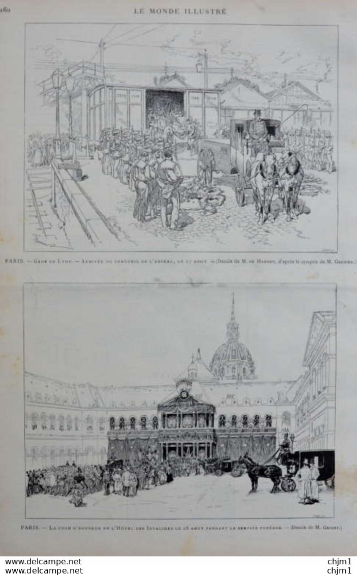 Paris - Gare De Lyon - Arrivée Du Cercueil De L'amiral Courbet - Page Originale 1885 - Historische Dokumente