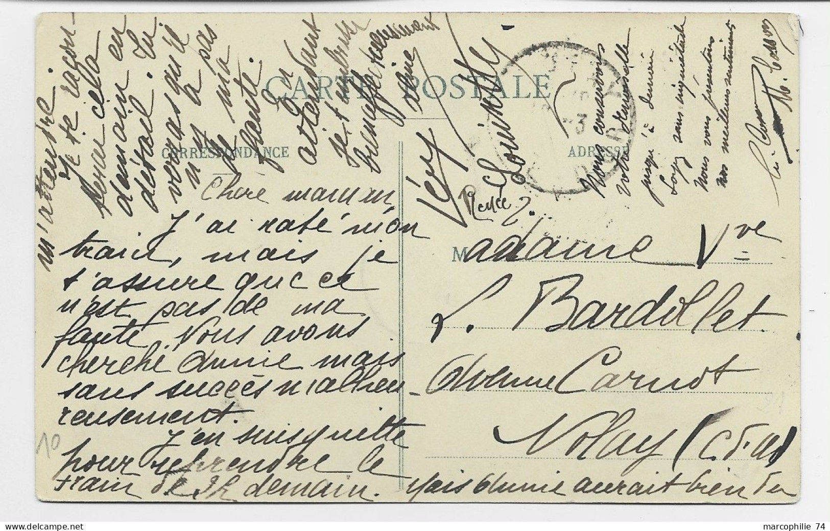 BLANC 1CX5+5C SEMEUSE AU RECTO CARTE OBL DIJON GARE 10.3.1913 COTE D'OR - Railway Post