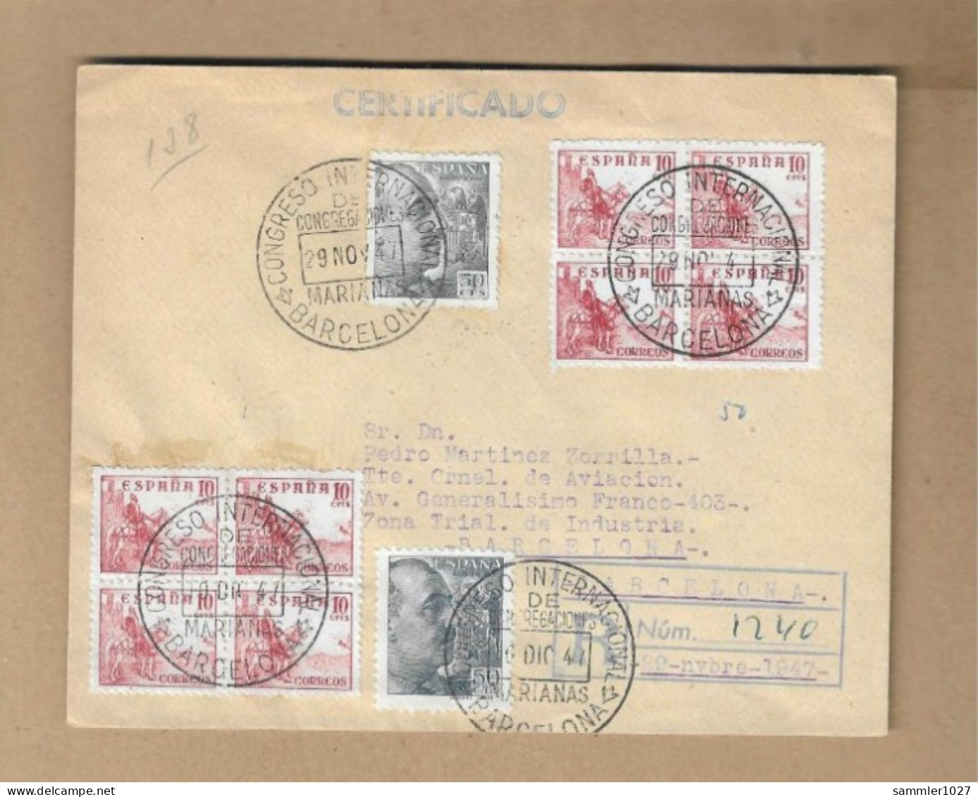 Los Vom 04.05 Einschreiben-Briefumschlag Aus Barcelona 1947 - Storia Postale