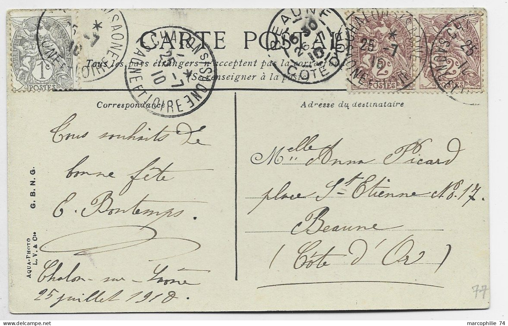 BLANC 1C+2CX2 CARTE DAGUIN CHALON S SAONE 25.7.1910 SAONE ET LOIRE - Oblitérations Mécaniques (flammes)