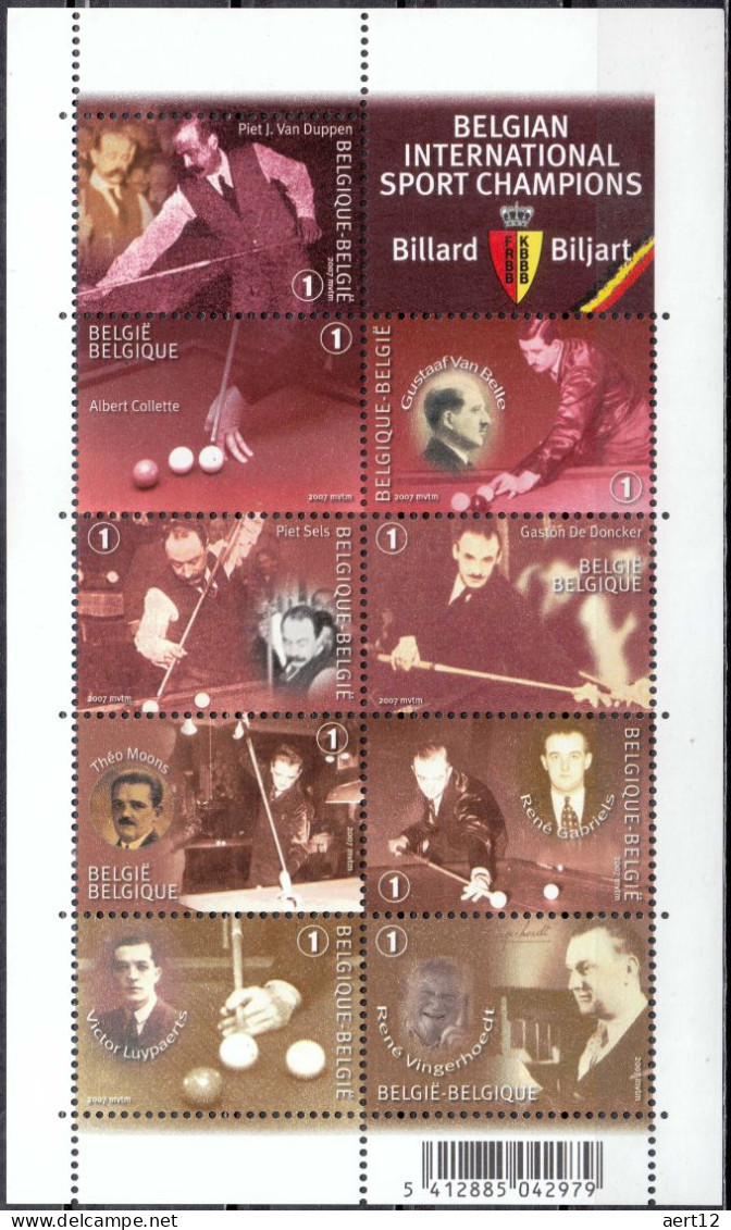2007, Belgium, Billiards Champions, Billiards, Famous People, Sports, Souvenir Sheet, MNH(**), BE 3771-3779KB - Unused Stamps