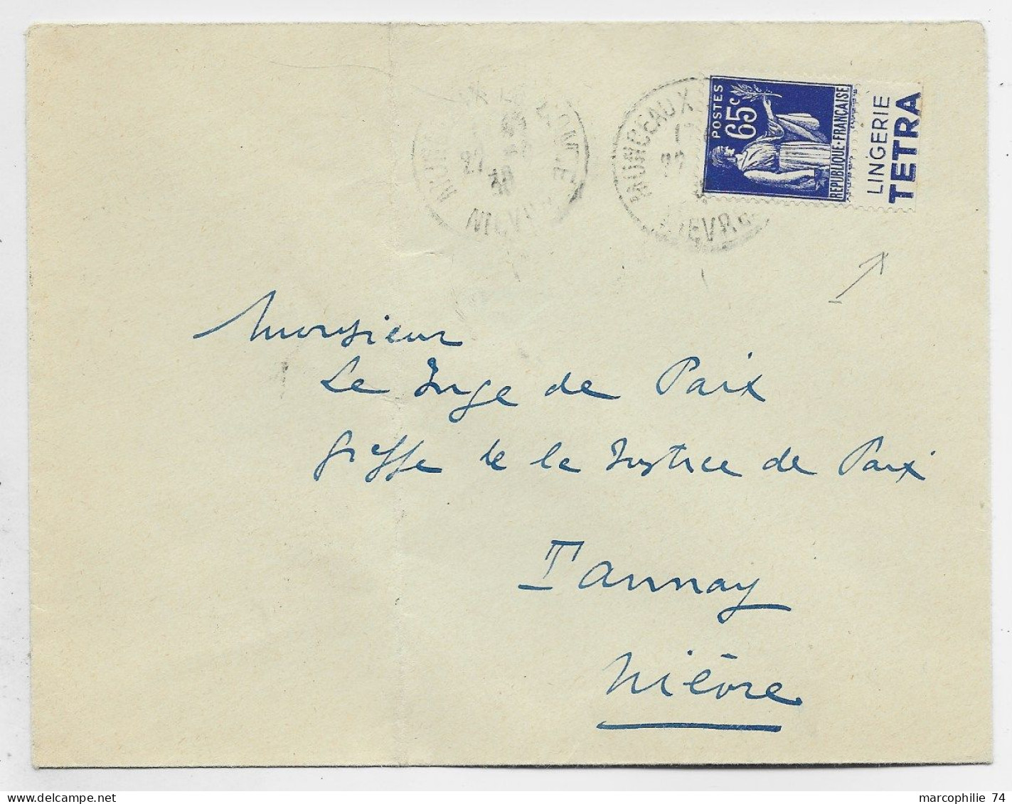 FRANCE PAIX 65C PUB LINGERIE TETRA LETTRE MONCAUX NIEVRE 1938 - Briefe U. Dokumente