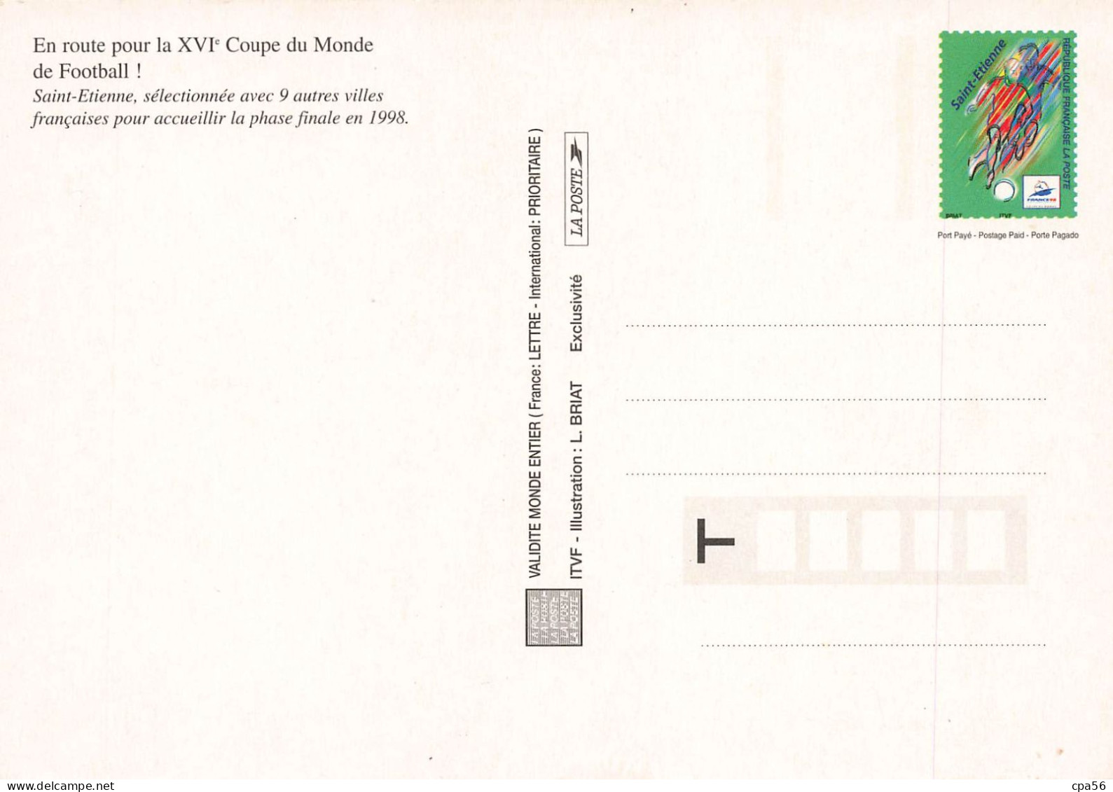 ENTIER POSTAL - COUPE DU MONDE DE FOOTBALL 1998 / LENS + TOULOUSE + MONTPELLIER + SAINT-ETIENNE - Neuf - Pseudo-entiers Officiels