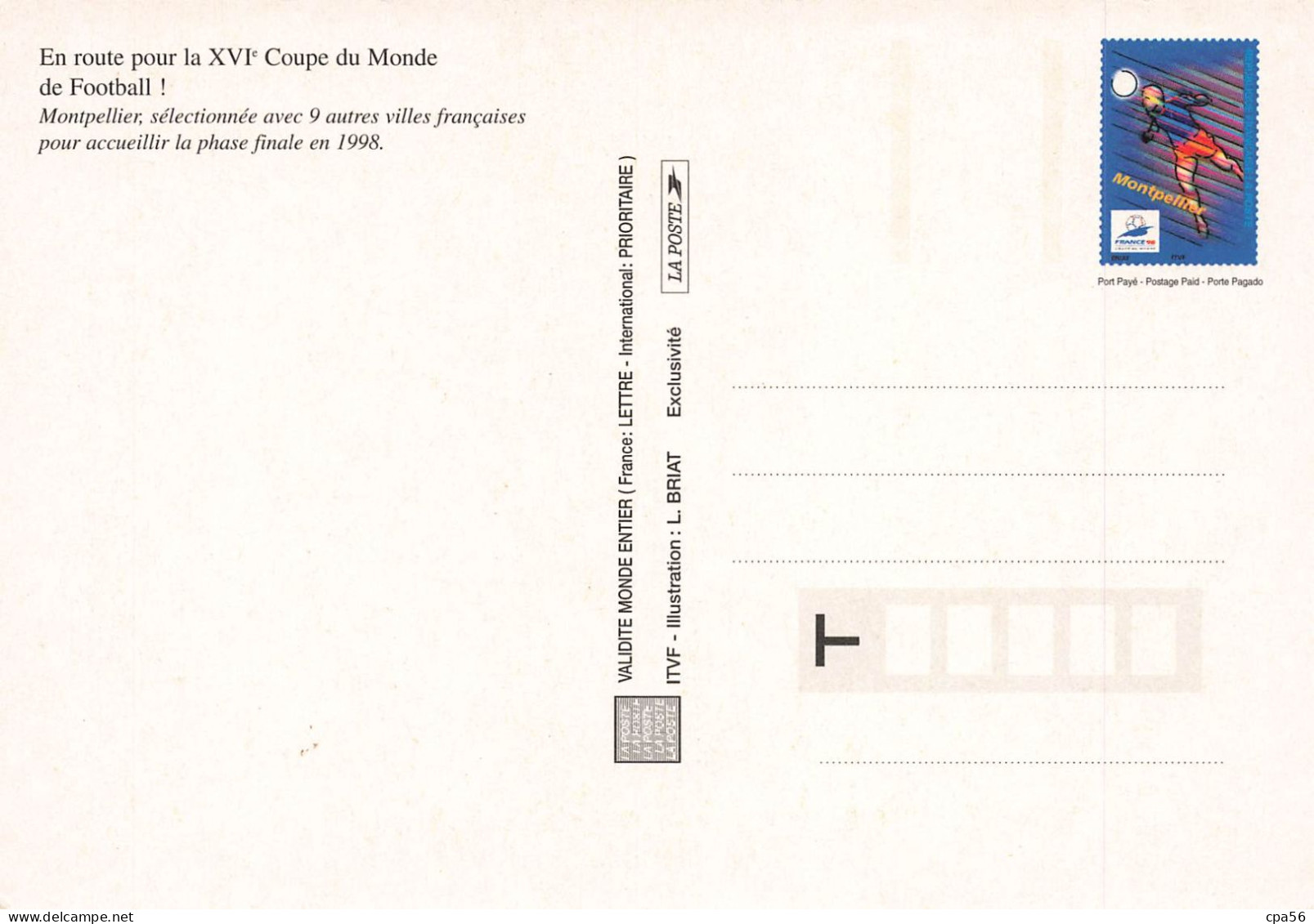 ENTIER POSTAL - COUPE DU MONDE DE FOOTBALL 1998 / LENS + TOULOUSE + MONTPELLIER + SAINT-ETIENNE - Neuf - Official Stationery