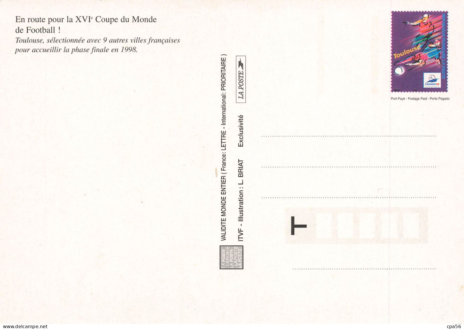 ENTIER POSTAL - COUPE DU MONDE DE FOOTBALL 1998 / LENS + TOULOUSE + MONTPELLIER + SAINT-ETIENNE - Neuf - Pseudo-interi Di Produzione Ufficiale