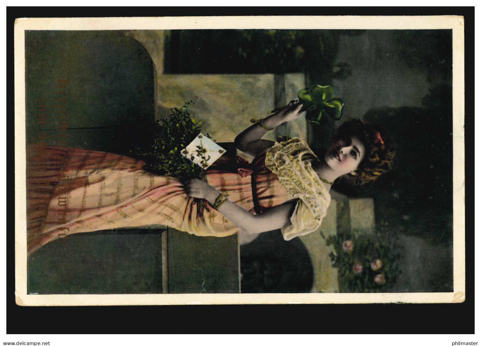 Mode-AK Frau Im Rosa Kleid Mit Glücksklee, Verlag Arnochrom, Gelaufen Um 1910 - Mode