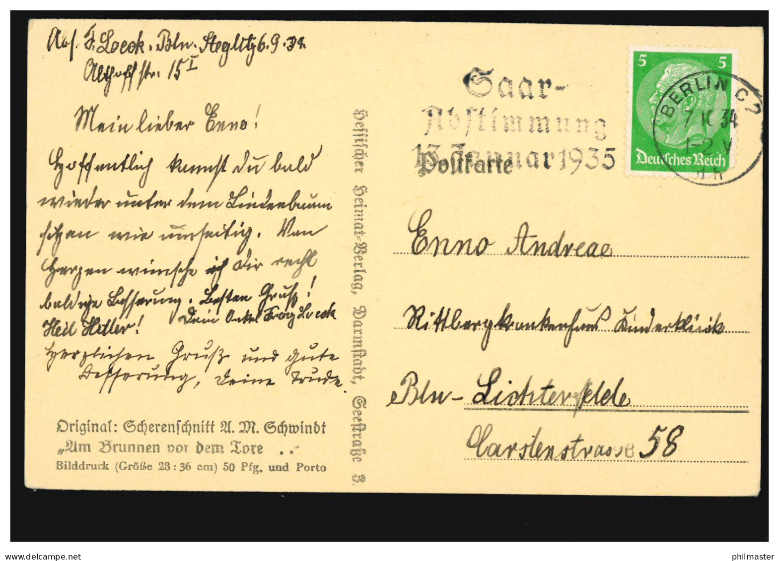Scherenschnitt-AK A.M. Schwindt: Am Brunnen Vor Dem Tore, Da... BERLIN 7.10.1934 - Silhouette - Scissor-type