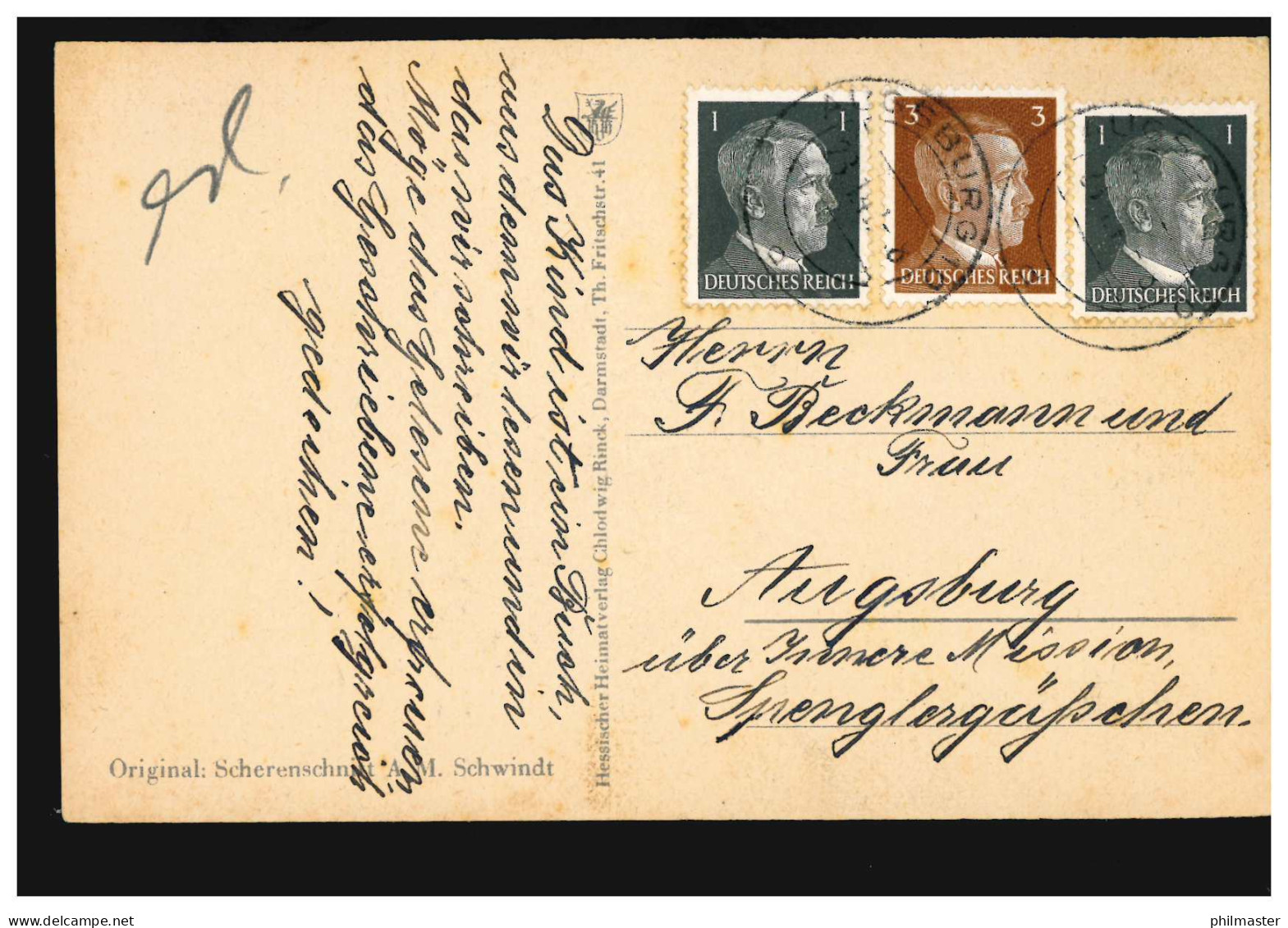Scherenschnitt-AK A.M. Schwindt: Vogel Auf Blütenzweig, AUGSBURG 1943 - Silueta