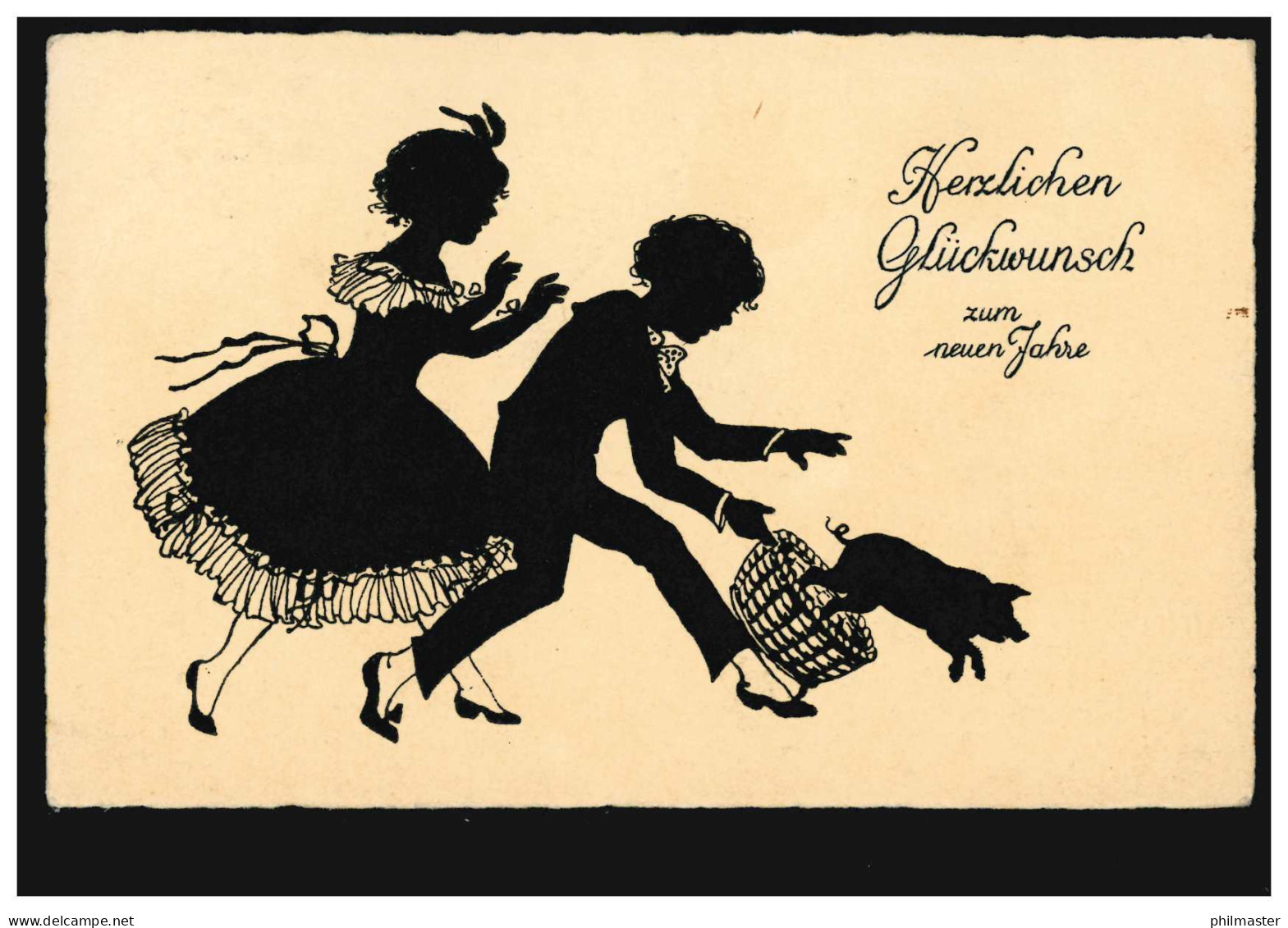 Scherenschnitt-AK Neujahr Kinder Mit Glücksschwein, Pittius-Verlag, GRAZ 1928 - Silhouettes