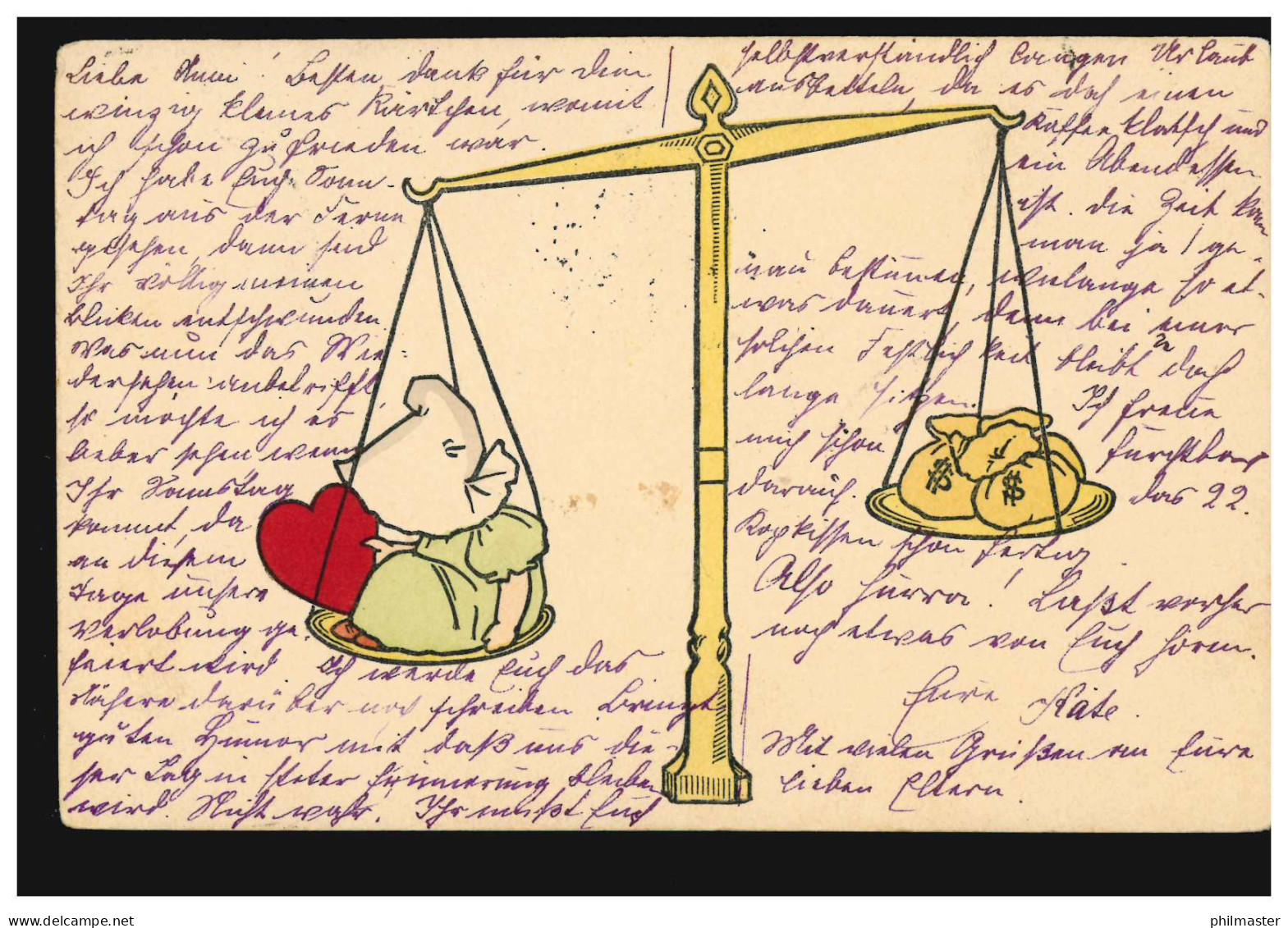 Karikatur-AK Die Waage Oder Abwägen: Liebe Herz Kind Oder Geld, MÜNCHEN 1.8.1905 - Humour