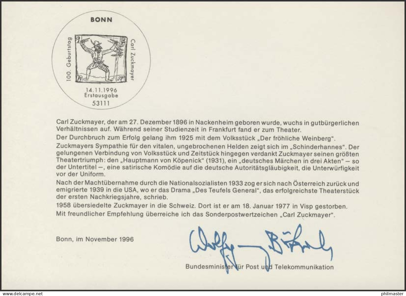 MinKa 40/1996 Carl Zuckmayer, Schriftsteller - Altri & Non Classificati