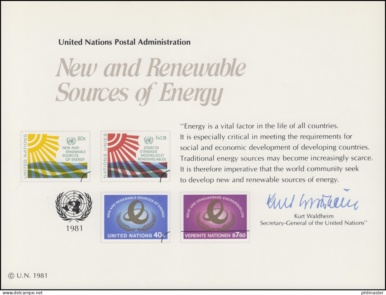 UNO Erinnerungskarte EK 20 Erneuerbare Energiequellen 1981, Ungebraucht ** - Autres & Non Classés