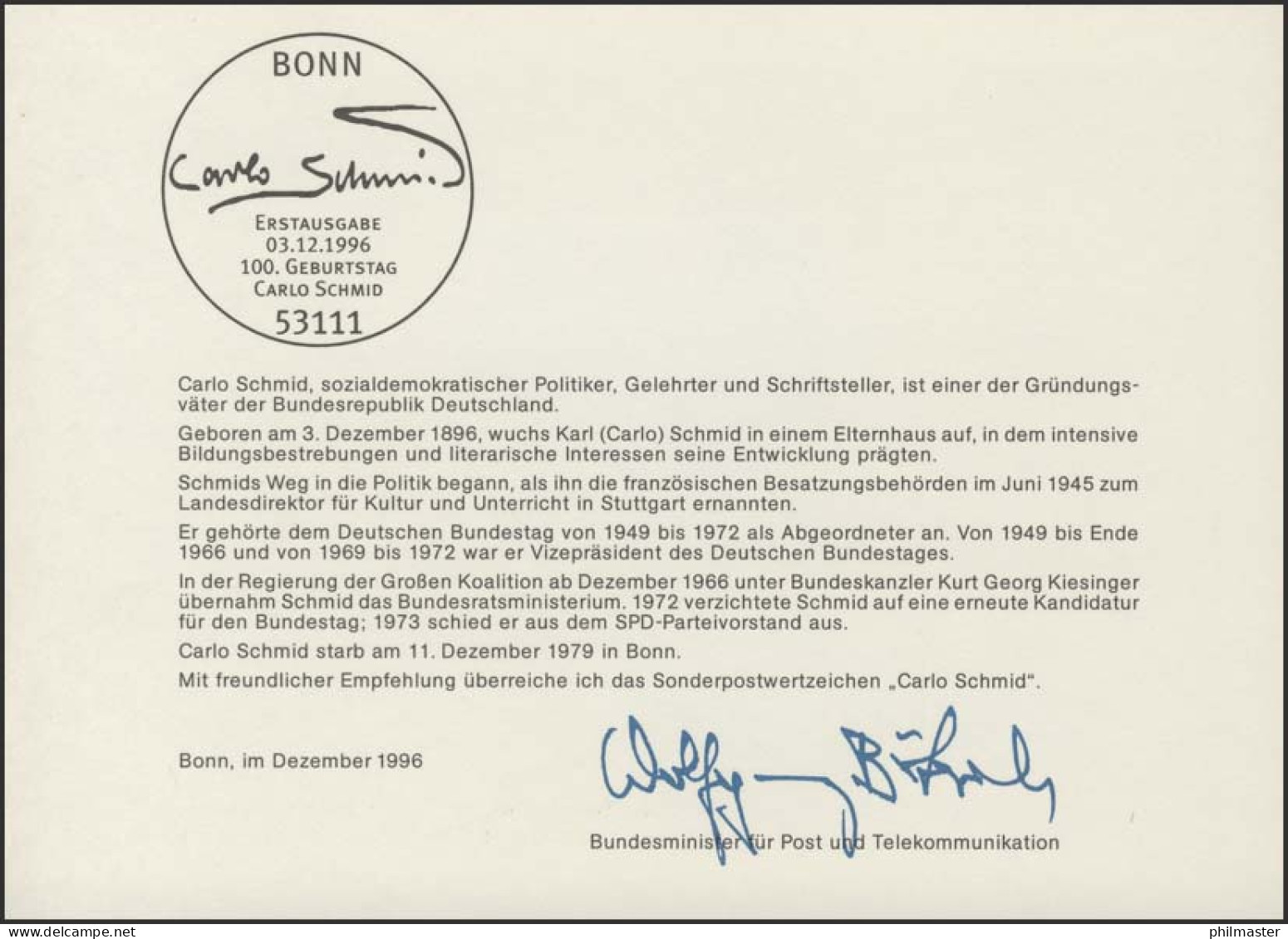 MinKa 41/1996 Carlo Schmid, Politiker - Other & Unclassified