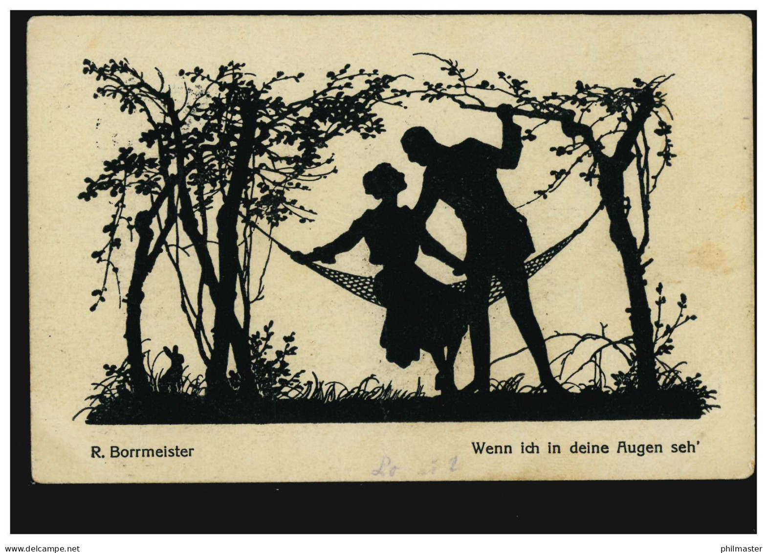 Scherenschnitt-AK R. Borrmeister Liebespaar - Wenn Ich In Deine Augen Seh', 1920 - Silhouette - Scissor-type