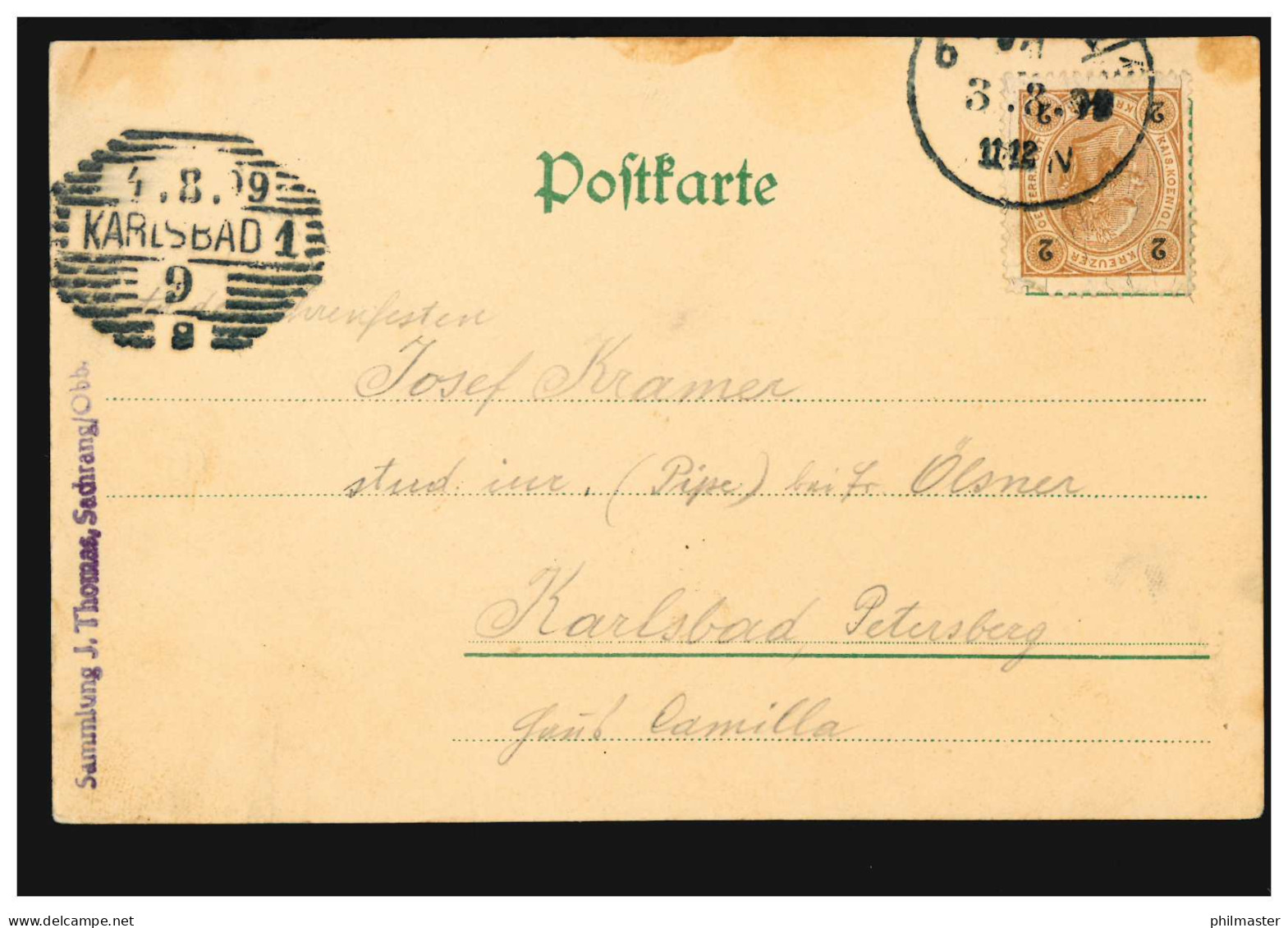 Blumen-AK Violette Nelken, Nach KARLSBAD 1 - 4.8.1899 - Otros & Sin Clasificación