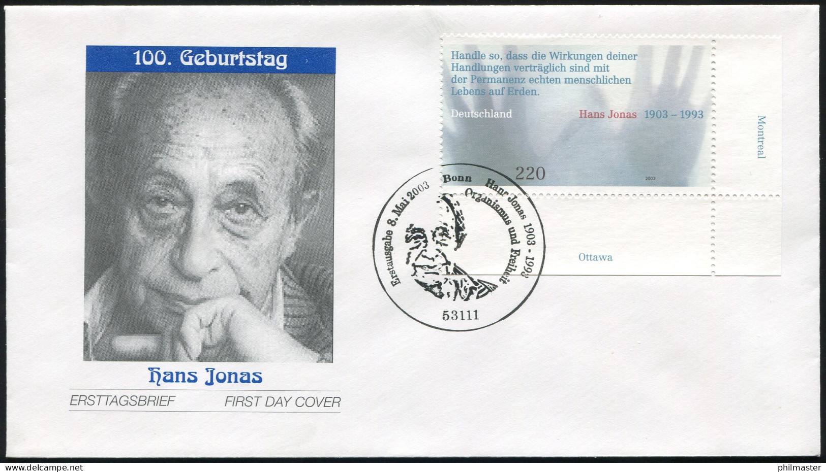 2338 Hans Jonas FDC Bonn - Brieven En Documenten