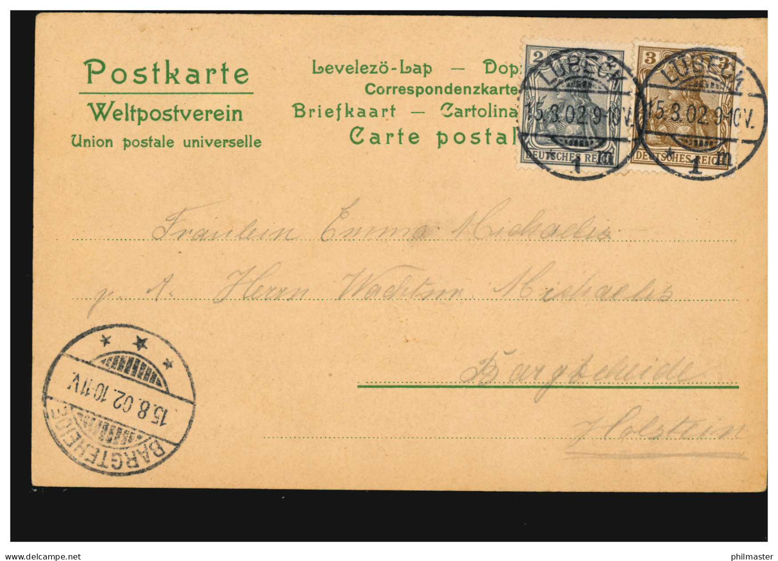 Blumen-AK Dahlien-Gesteck, LÜBECK 15.3.1902 Nach BARGTEHEIDE 15.8.1902 - Otros & Sin Clasificación