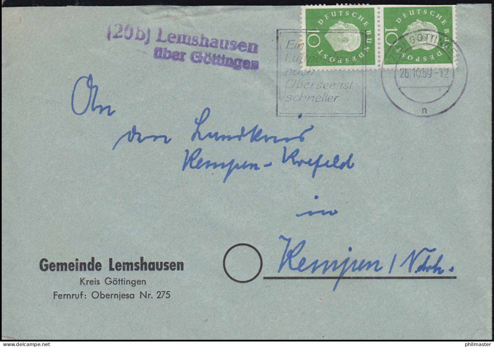 Landpost-Stempel Lemshausen über GÖTTINGEN 26.10.1959 Auf Brief - Other & Unclassified