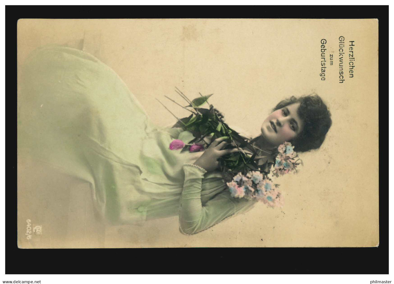 Mode-AK Frau Im Langem Grünen Kleid Mit Blumen, Coloriert, OBERODERWITZ 6.1.1920 - Moda