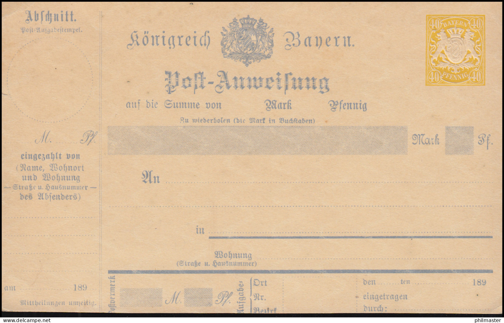 Bayern Postanweisung 40 Pfennig Gelb Wappen, Unten Abgeschnitten, Ungebraucht ** - Postal  Stationery