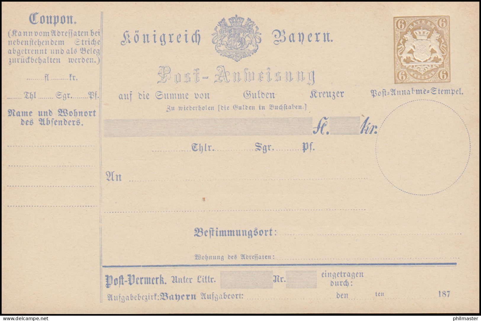 Bayern A 6 III Postanweisung 6 Kreuzer Braun Wappen, Type III, **  Postfrisch - Ganzsachen