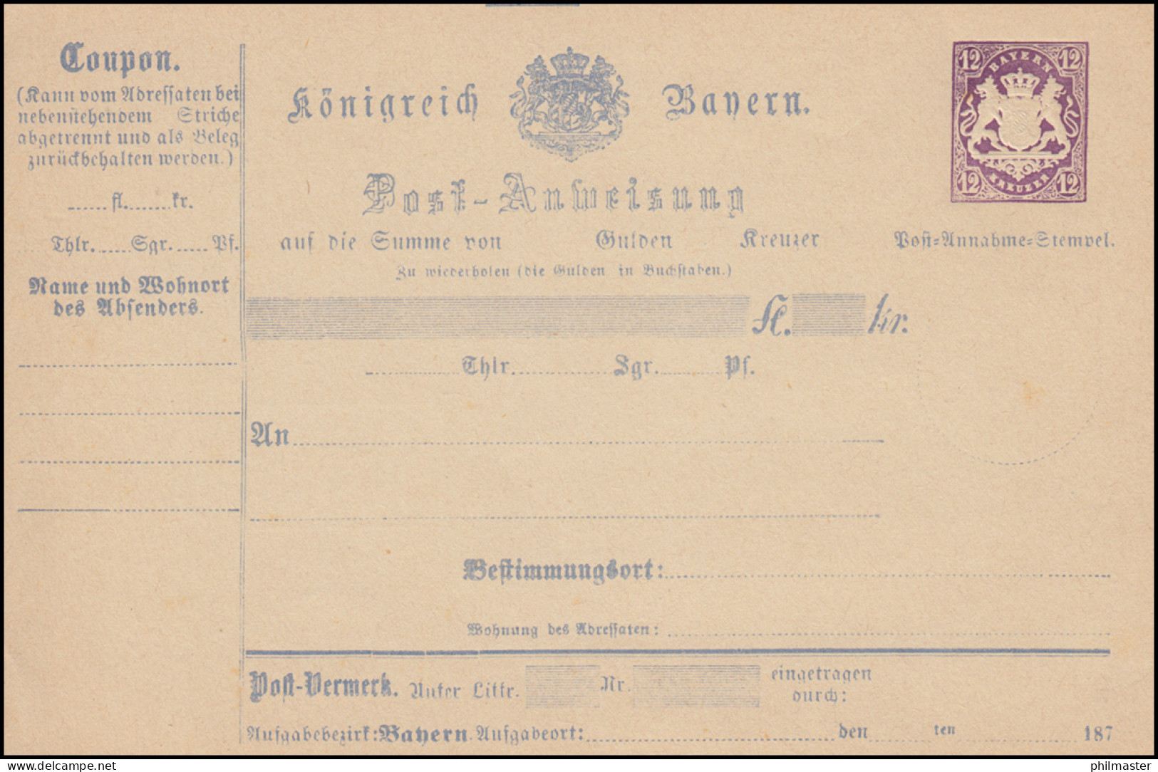 Bayern A 8 I Postanweisung 12 Kreuzer Violett Wappen, Type I, Postfrisch ** - Ganzsachen