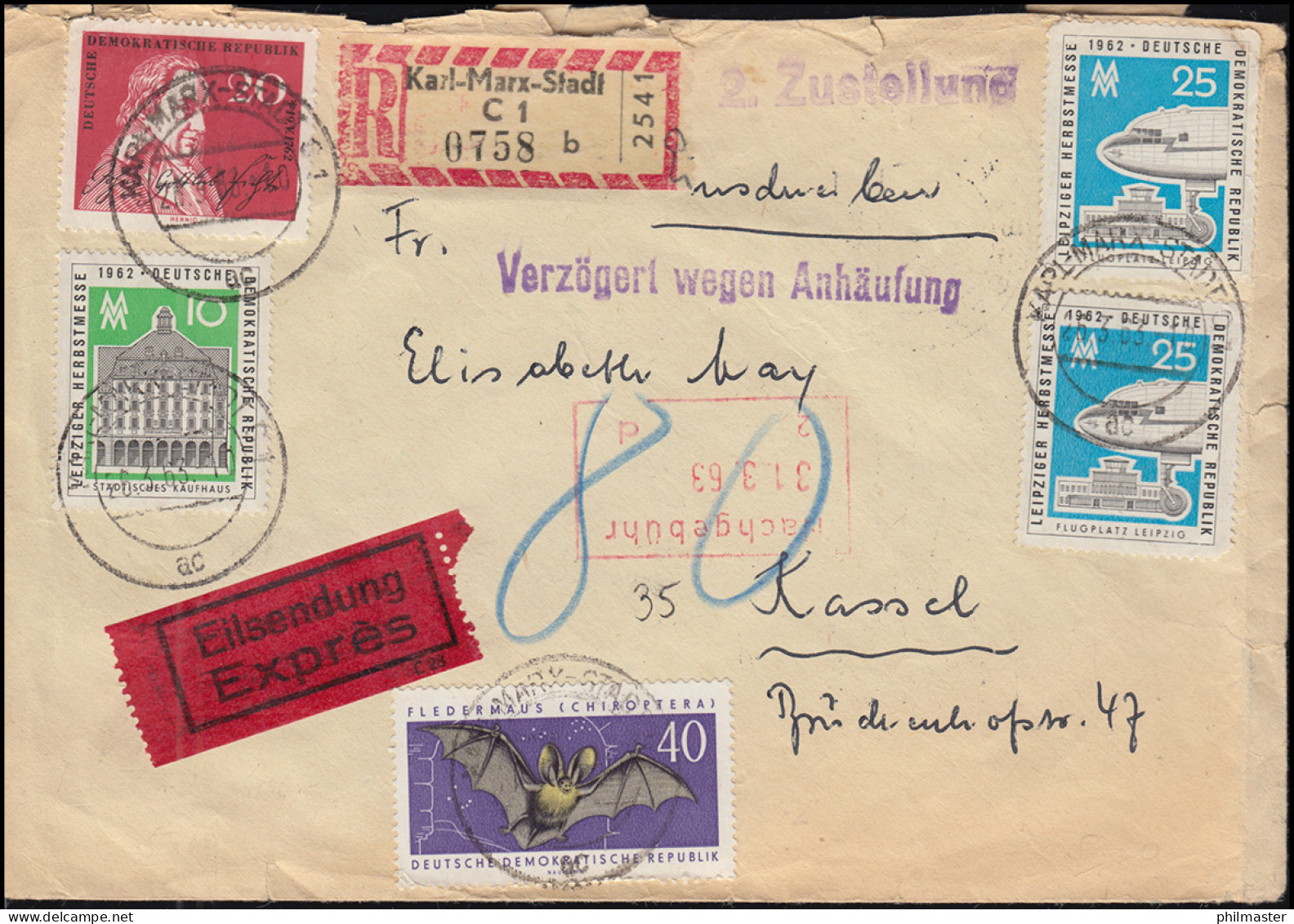 Stempel Verzögert Wegen Anhäufung DDR Eil- Und R-Brief KARL-MARX-STADT 26.3.1963 - Other & Unclassified