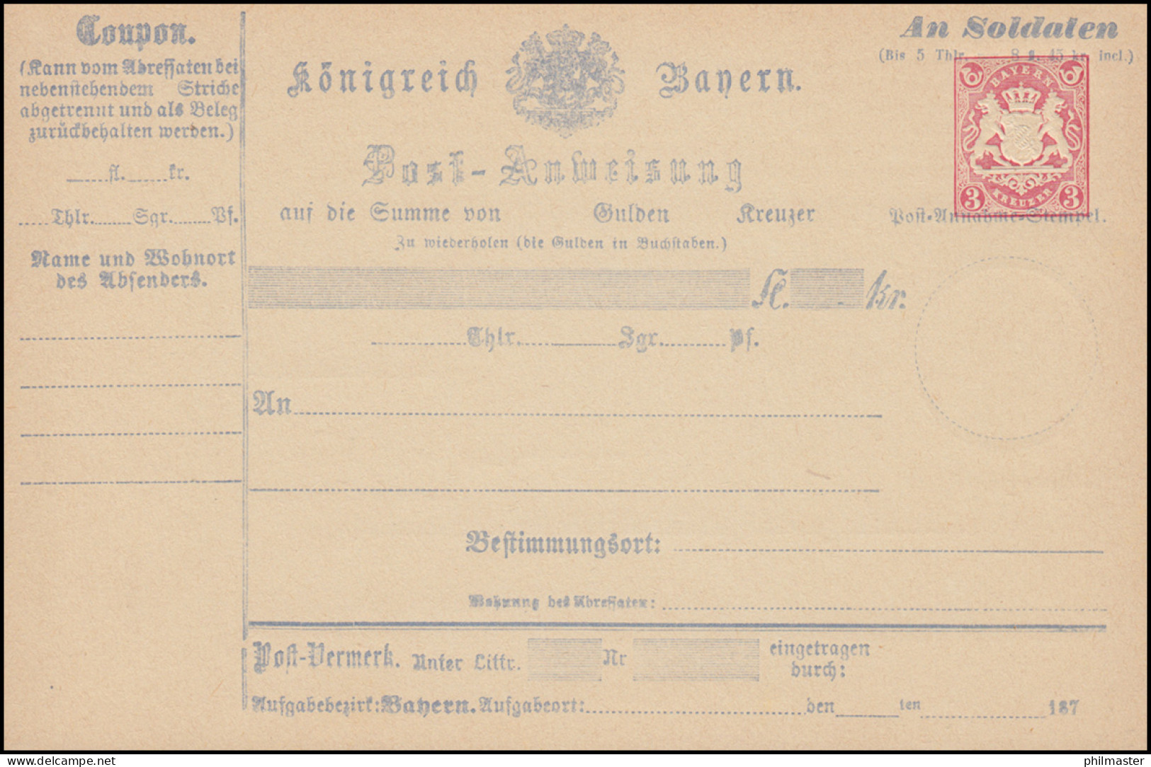 Bayern A 5 I Postanweisung 3 Kreuzer Wappen, Mit Zusatz "An Soldaten", ** - Ganzsachen